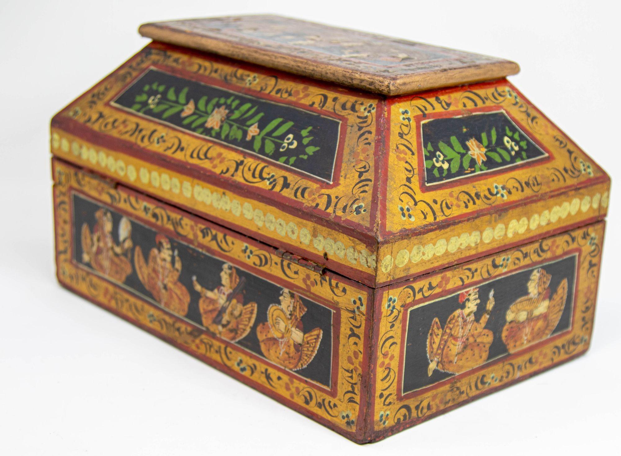Anglo Raj Hand Painted Jewellery Wood Box 1920s For Sale 8