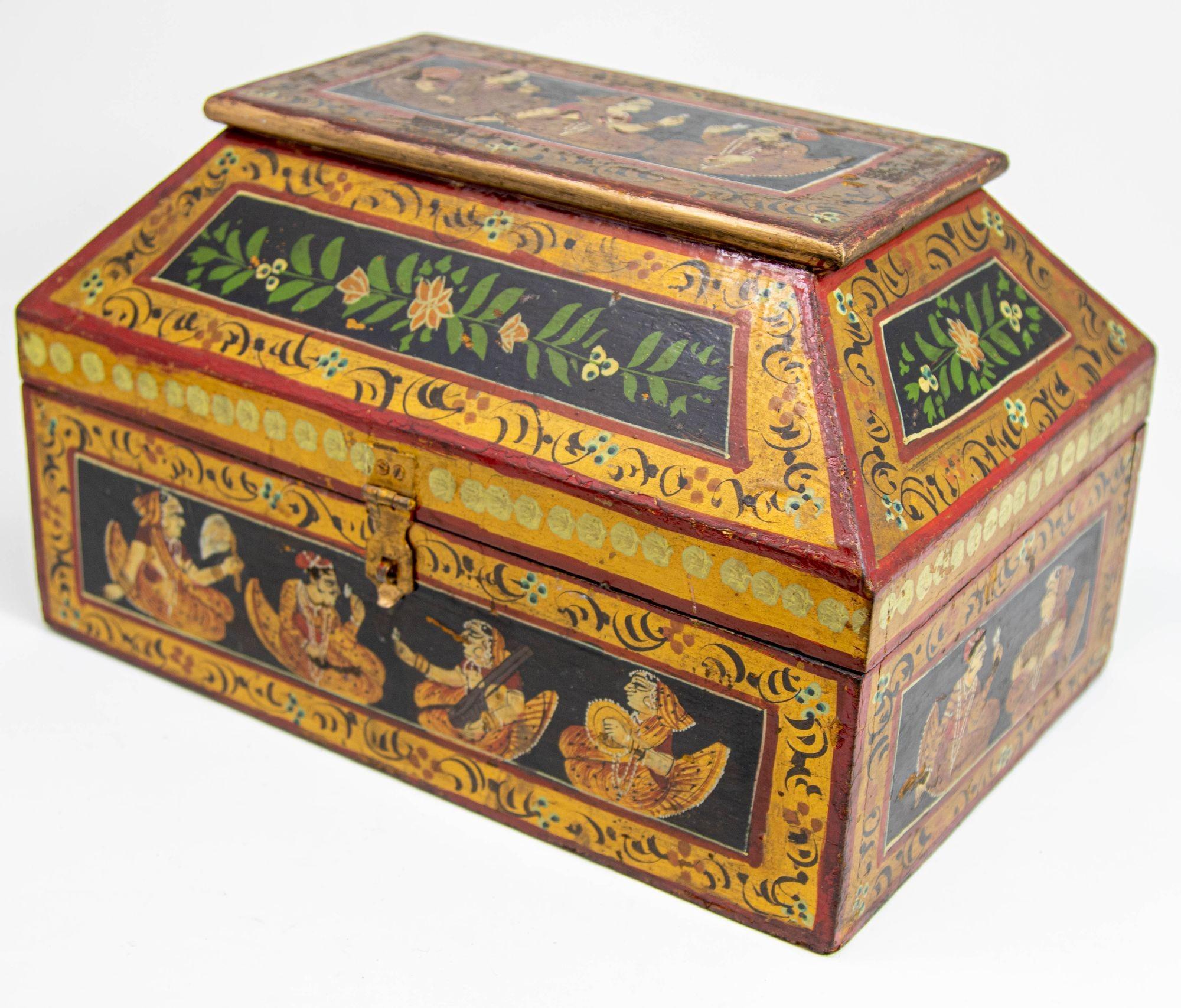 Anglo Raj Hand Painted Jewellery Wood Box 1920s For Sale 11