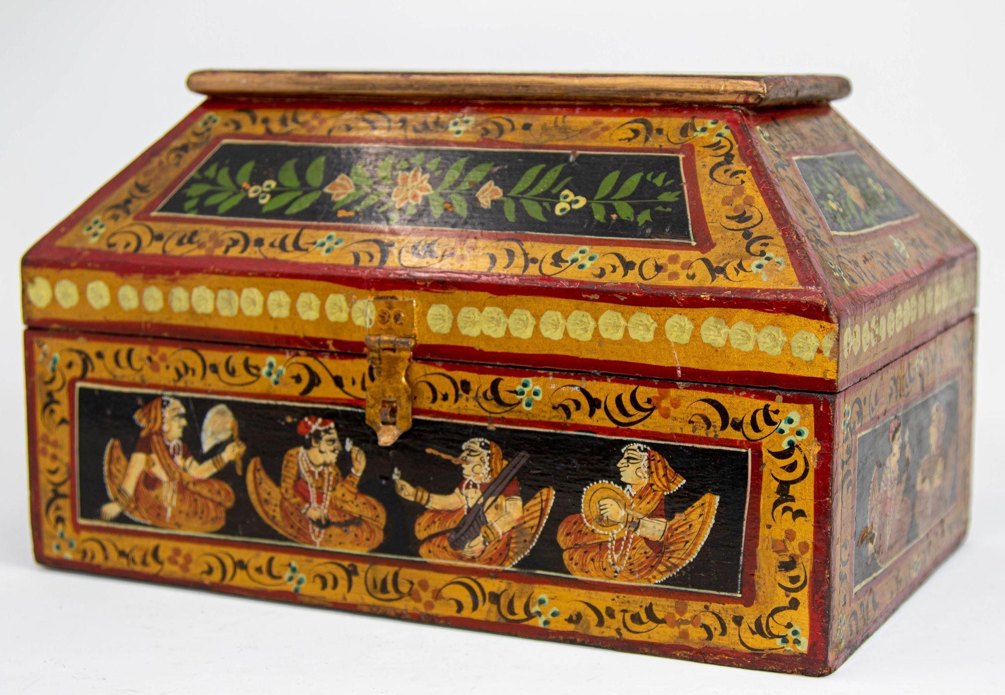 Anglo Raj Hand Painted Jewellery Wood Box 1920s For Sale 13