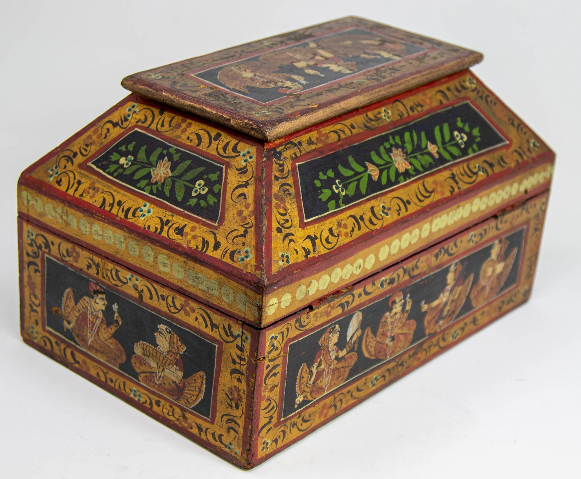 Indian Anglo Raj Hand Painted Jewellery Wood Box 1920s For Sale