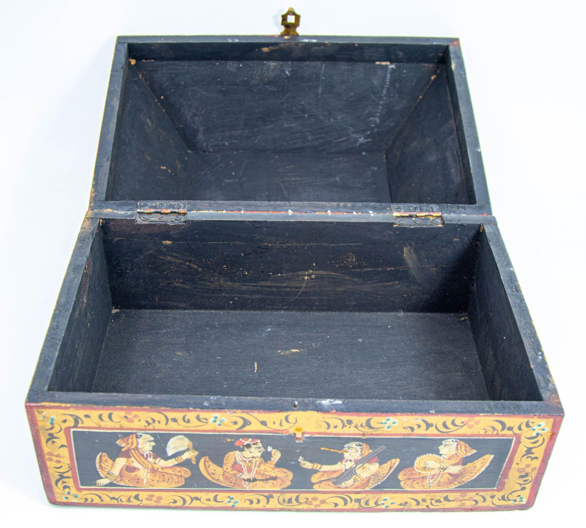 Hand-Crafted Anglo Raj Hand Painted Jewellery Wood Box 1920s For Sale