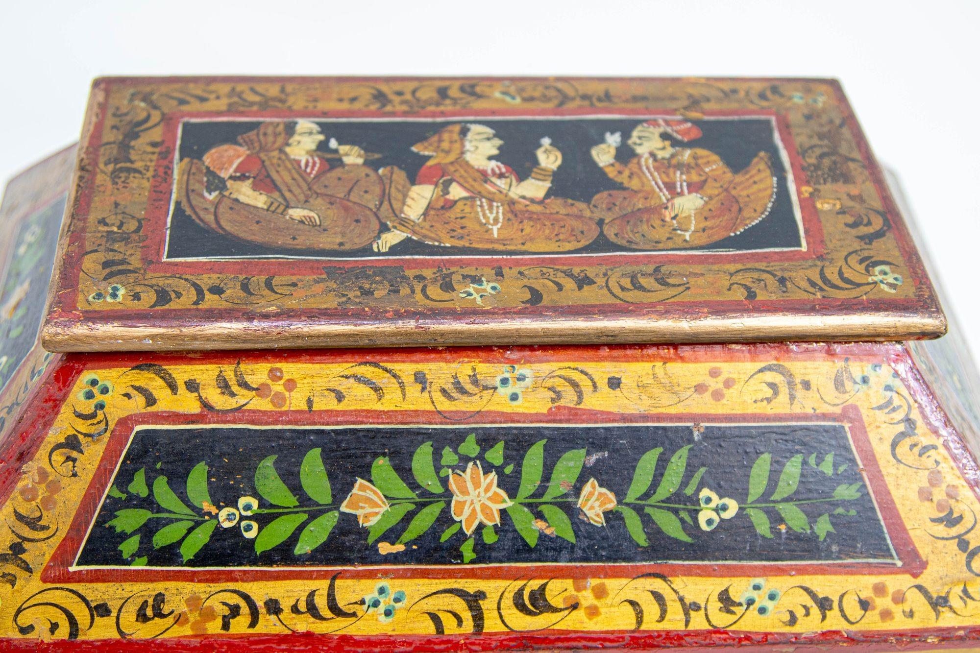 20th Century Anglo Raj Hand Painted Jewellery Wood Box 1920s For Sale