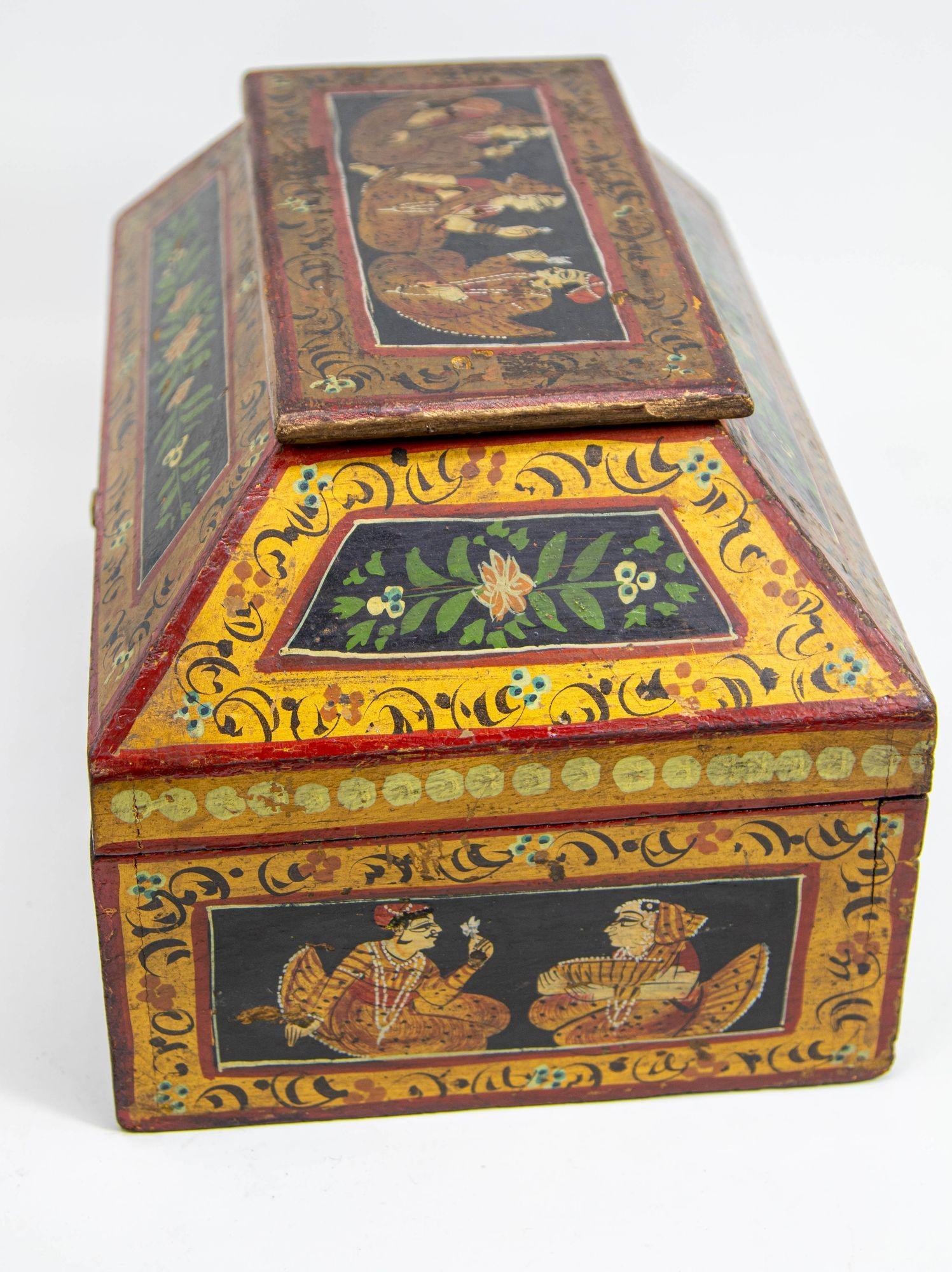 Anglo Raj Hand Painted Jewellery Wood Box 1920s For Sale 2