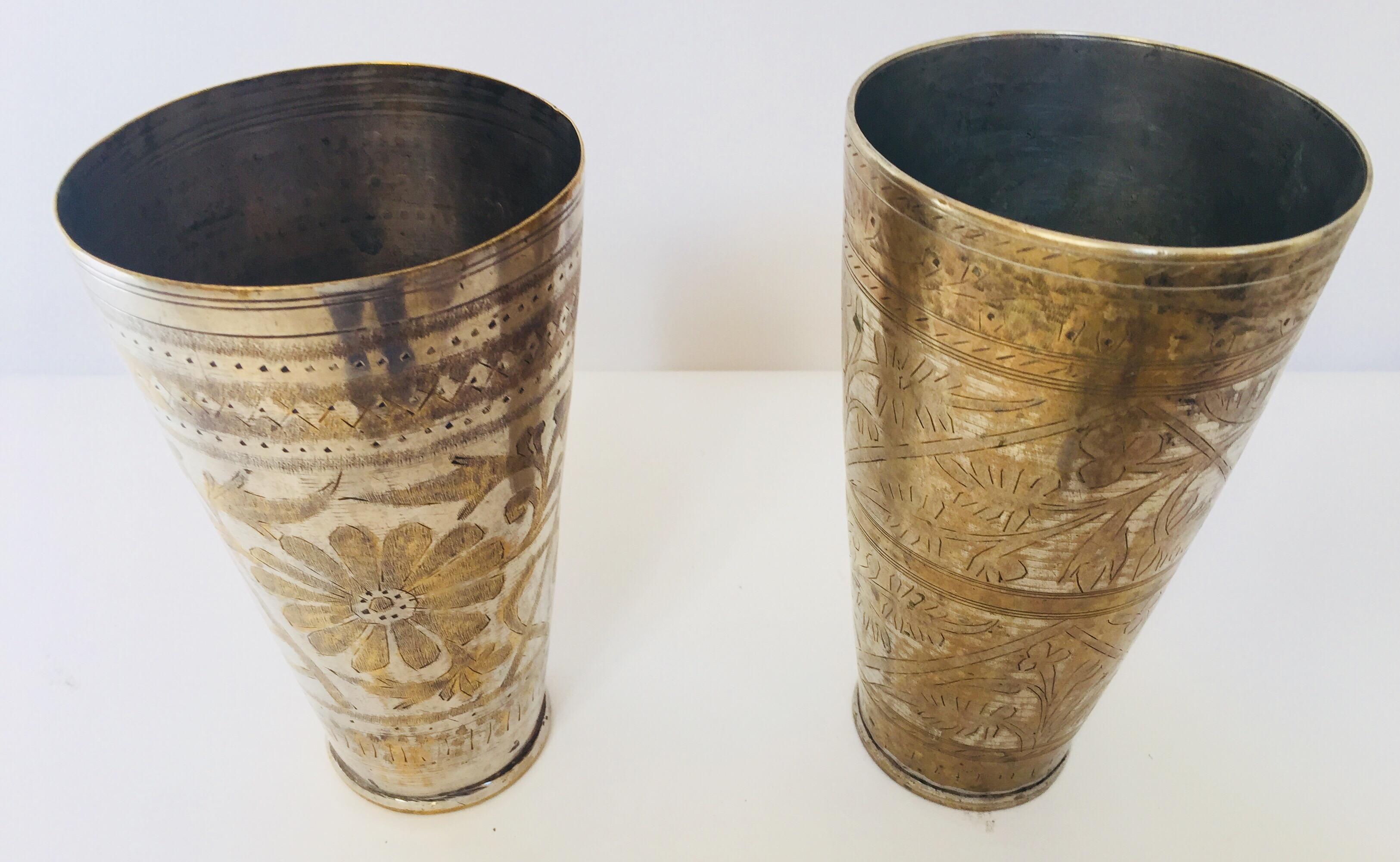 Anglo Raj Mughal Brass Engraved Beakers Set of 2 For Sale 3