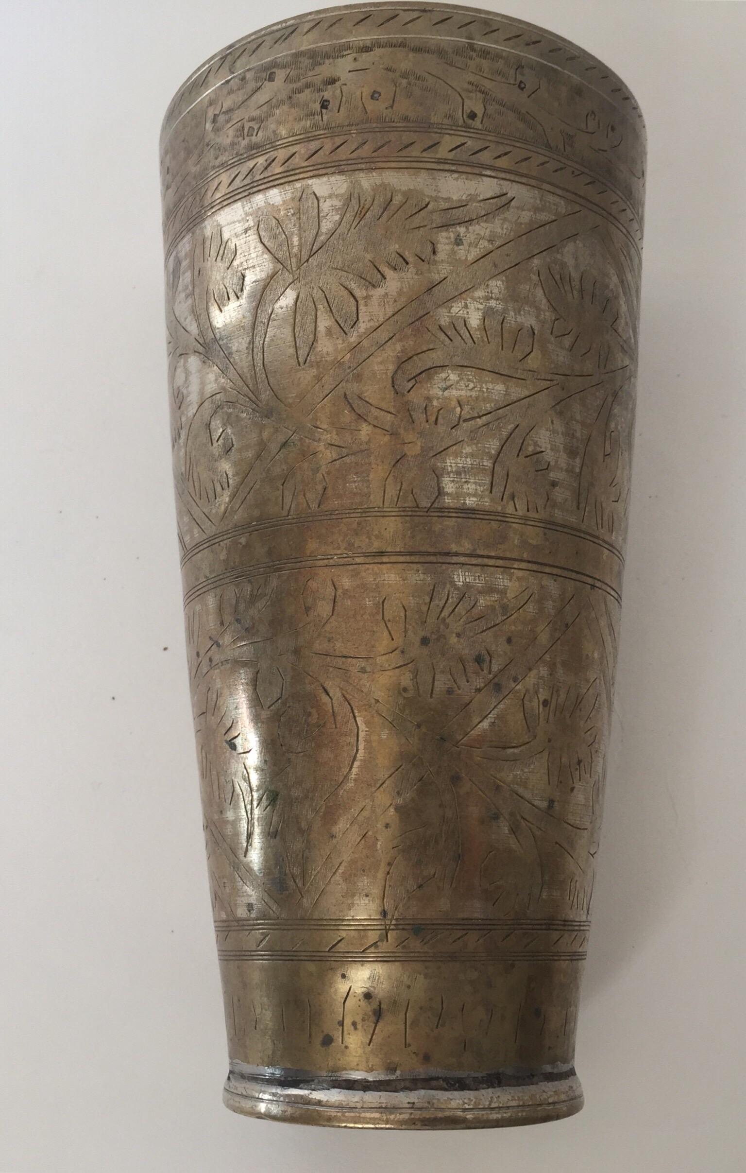 Anglo Raj Mughal Brass Engraved Beakers Set of 2 For Sale 5