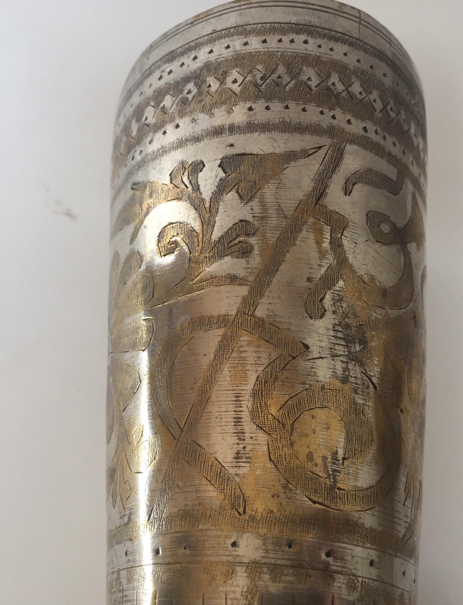 Anglo Raj Mughal Brass Engraved Beakers Set of 2 In Good Condition For Sale In North Hollywood, CA