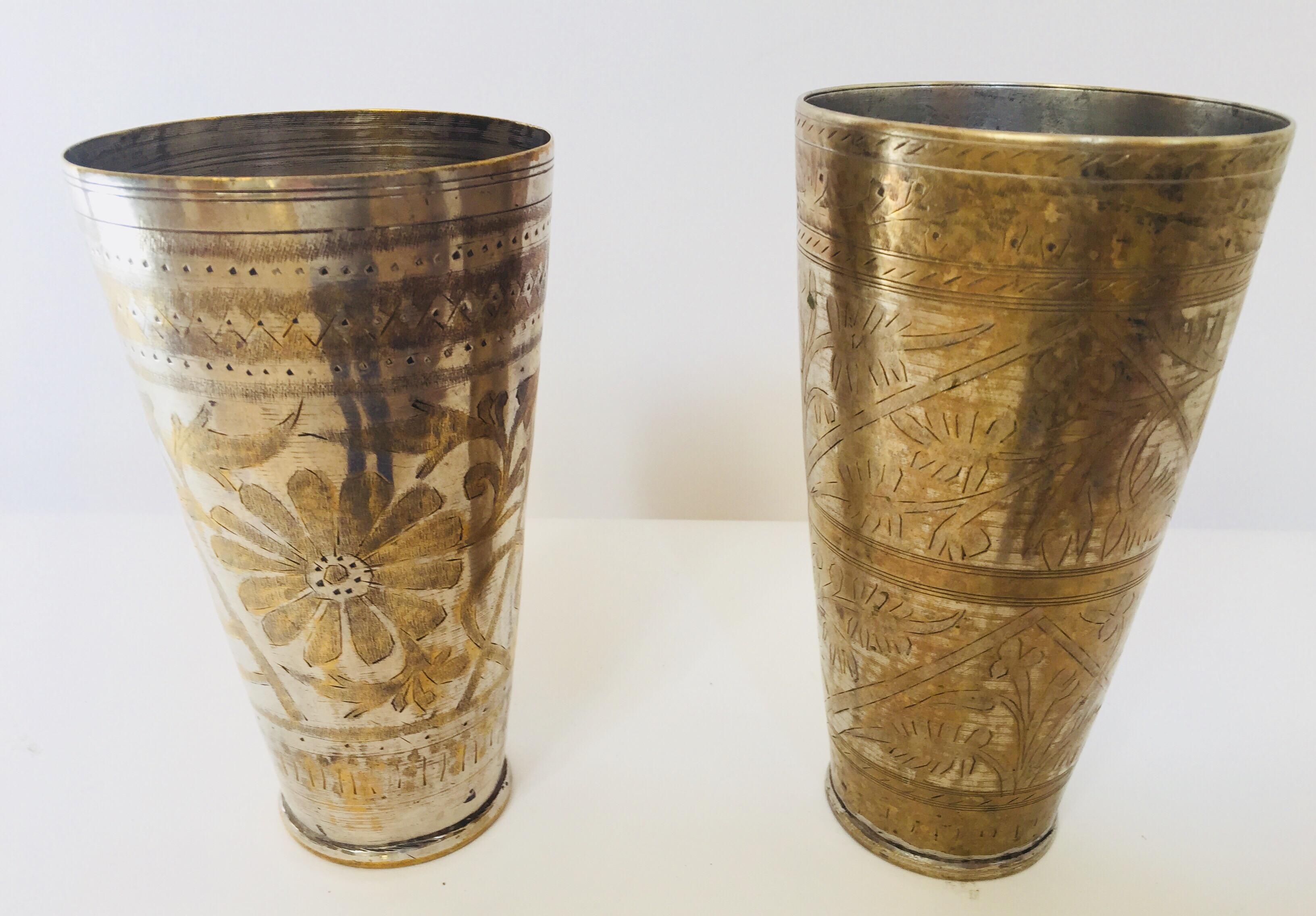 Silver Plate Anglo Raj Mughal Brass Engraved Beakers Set of 2 For Sale