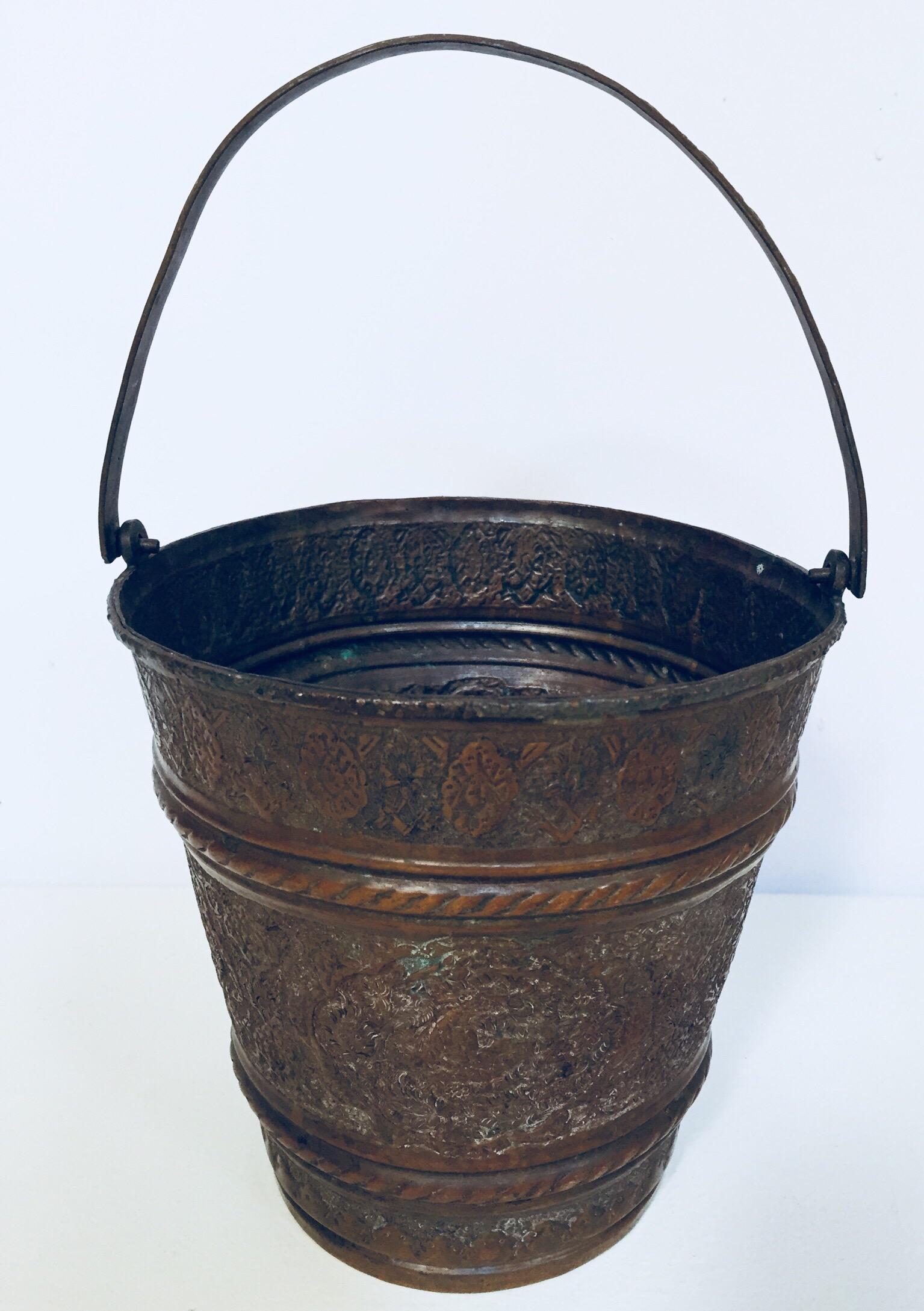 Hand-Crafted Moorish Mughal Metal Copper Vessel Bucket For Sale