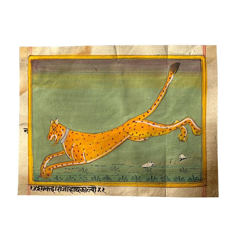A beautiful small painting of a tiger on green grass. This piece was purchased on a trip to India and features a bright orange tiger running through the grass. It has a yellow border. The back features writing in black ink.

Dimensions:
5.5
