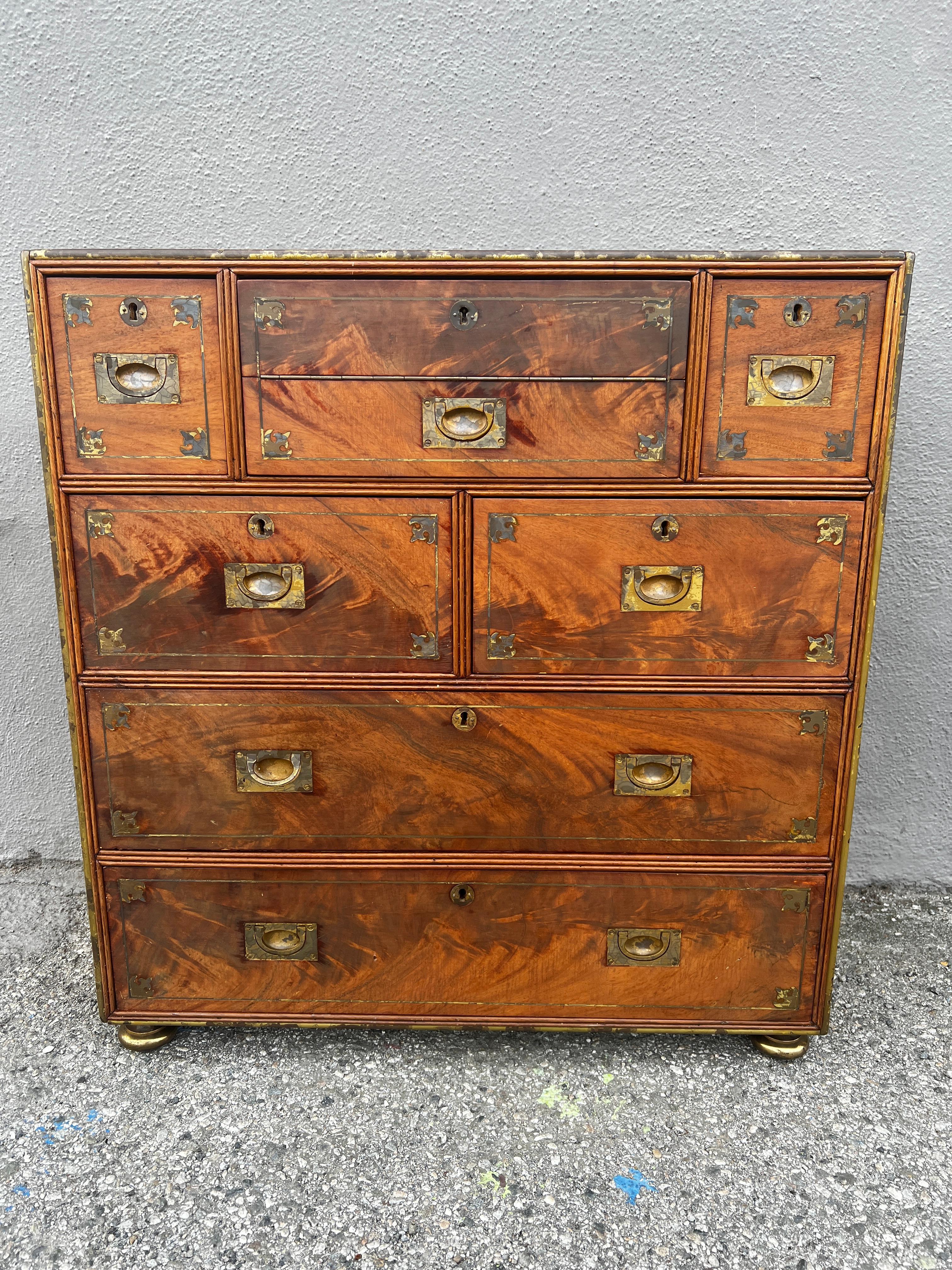 Anglo Raj Regency Campaign Chest with Desk Trimmed in Brass Banding Accents 1811 For Sale 6
