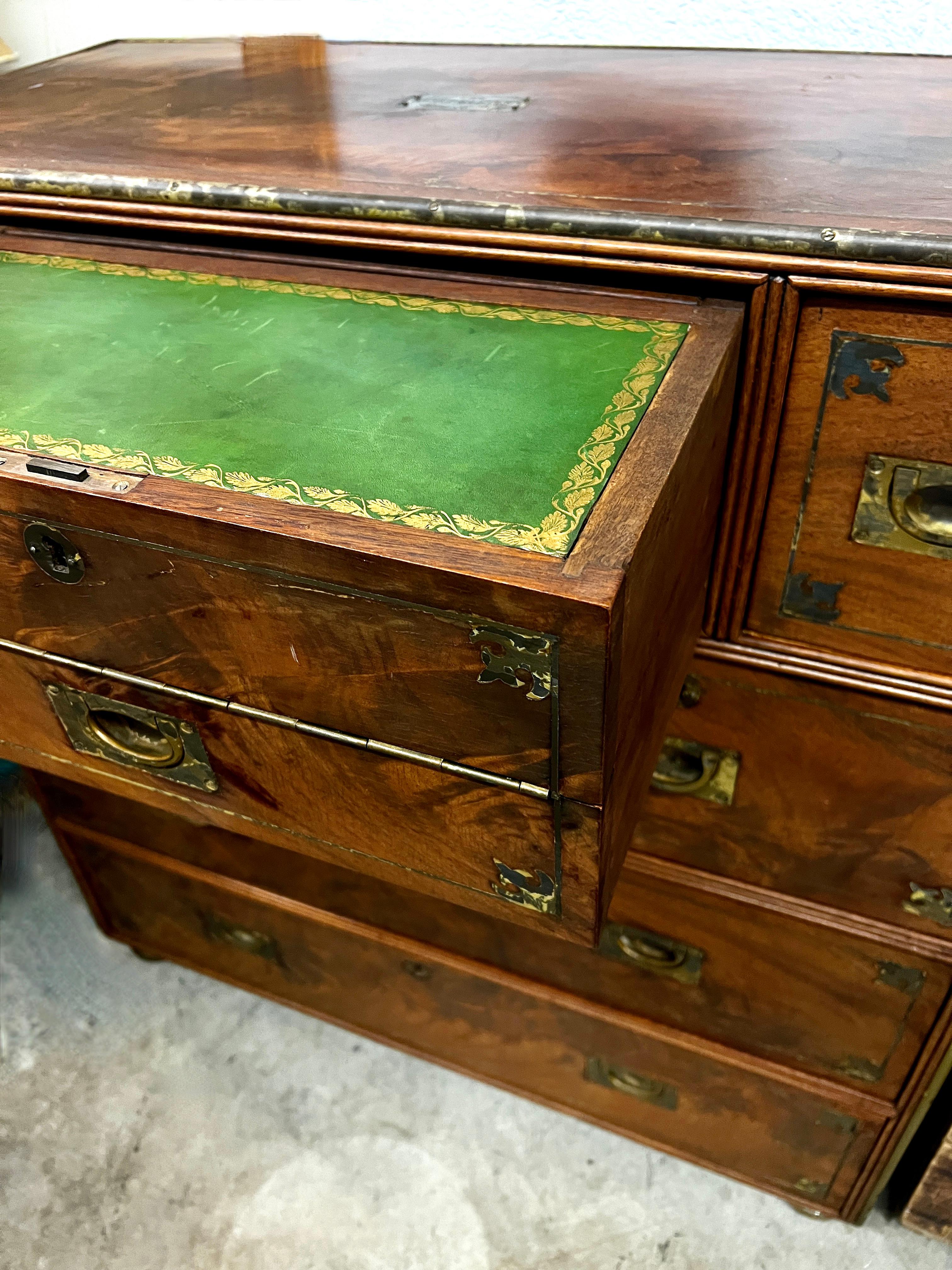 Anglo Raj Regency Campaign Chest with Desk Trimmed in Brass Banding Accents 1811 For Sale 9