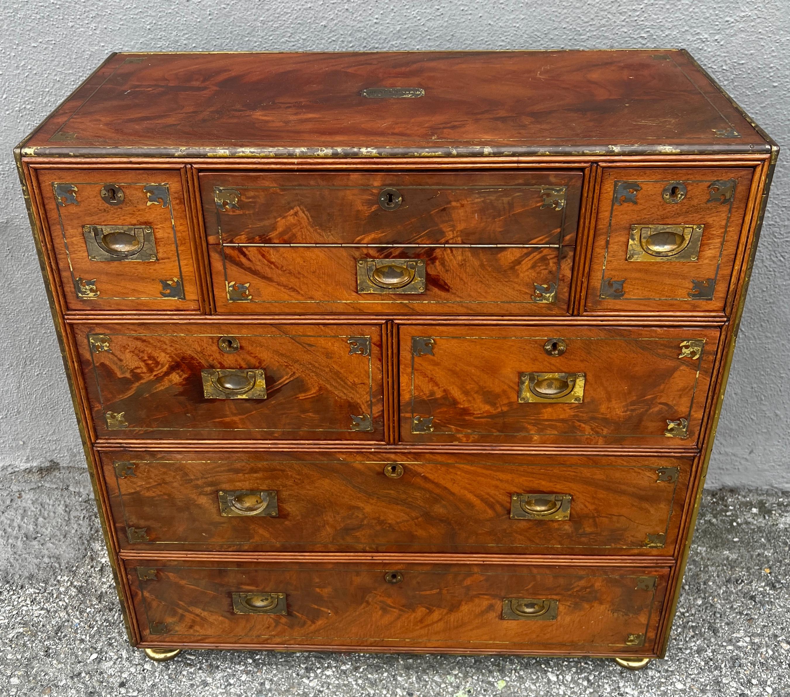 English Anglo Raj Regency Campaign Chest with Desk Trimmed in Brass Banding Accents 1811 For Sale