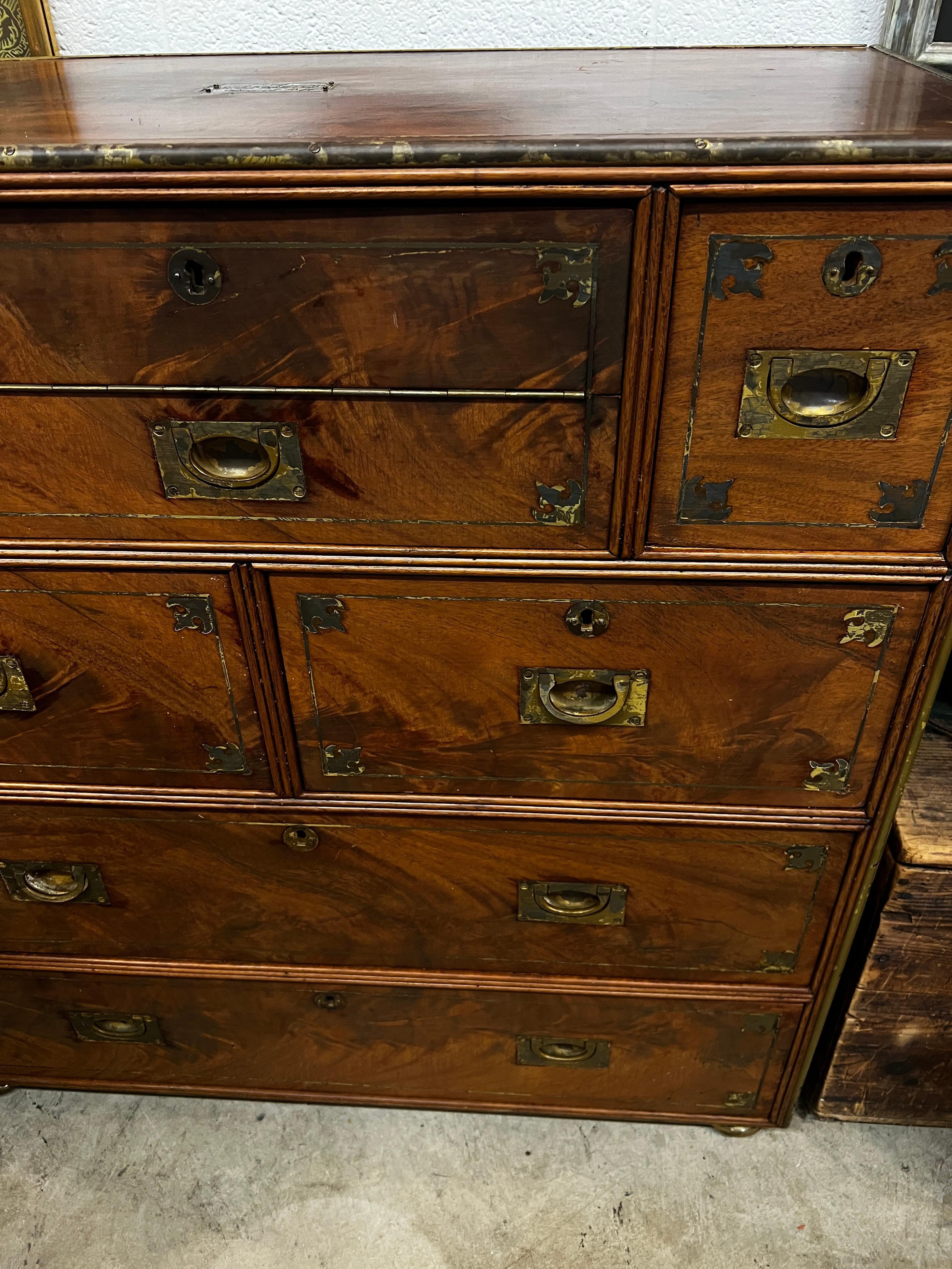 Anglo Raj Regency Campaign Chest with Desk Trimmed in Brass Banding Accents 1811 For Sale 14