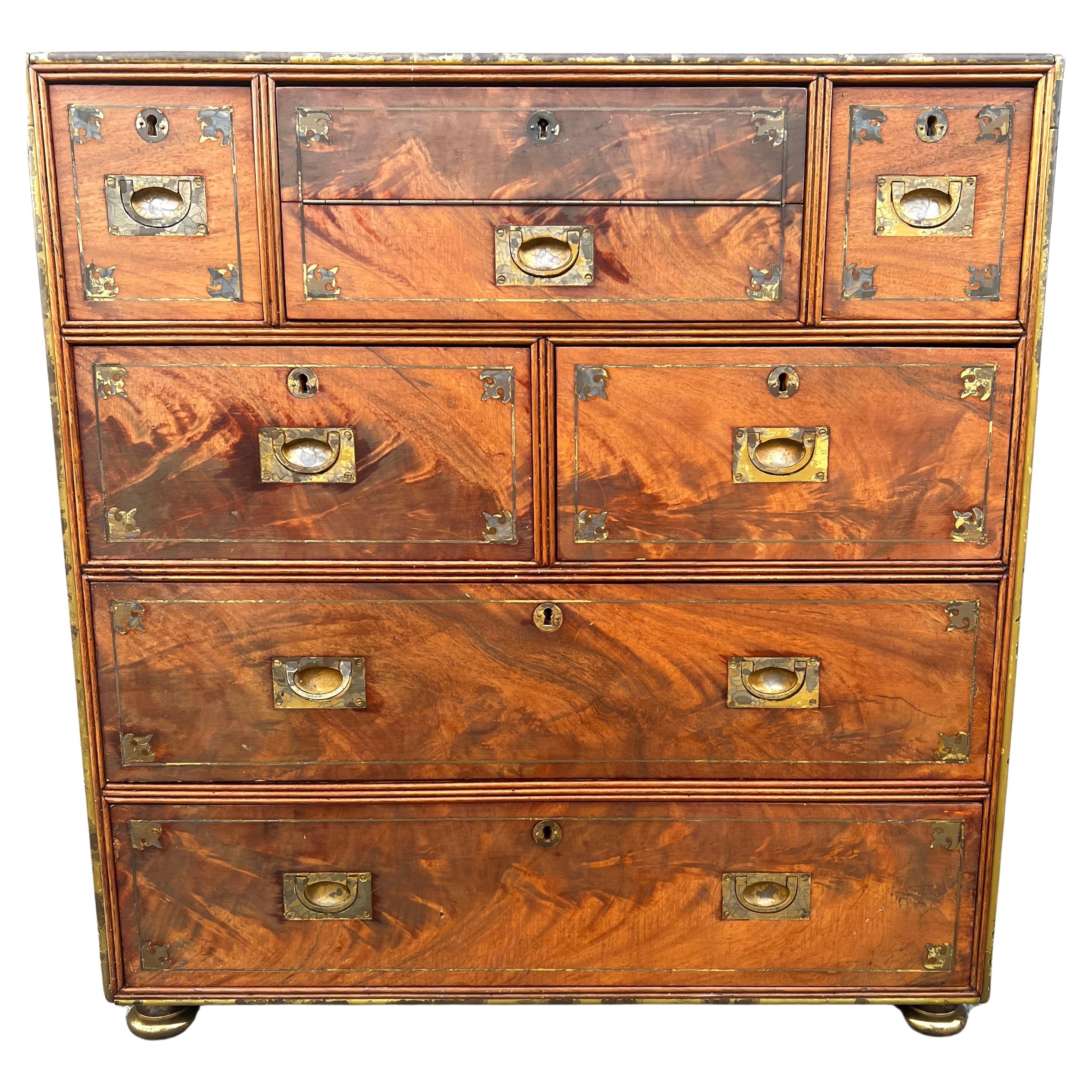 Hand-Crafted Anglo Raj Regency Campaign Chest with Desk Trimmed in Brass Banding Accents 1811 For Sale