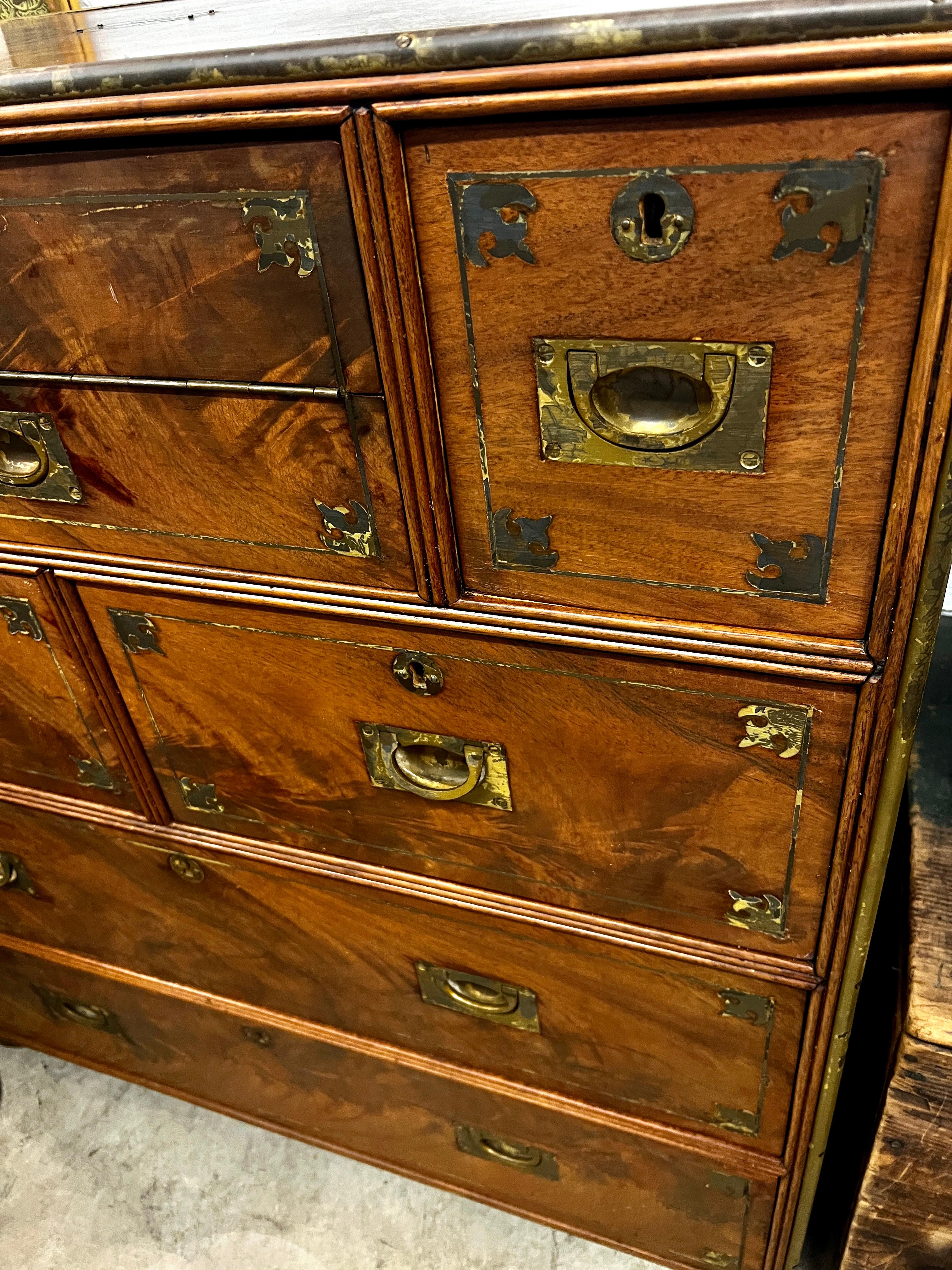 Anglo Raj Regency Campaign Chest with Desk Trimmed in Brass Banding Accents 1811 For Sale 2