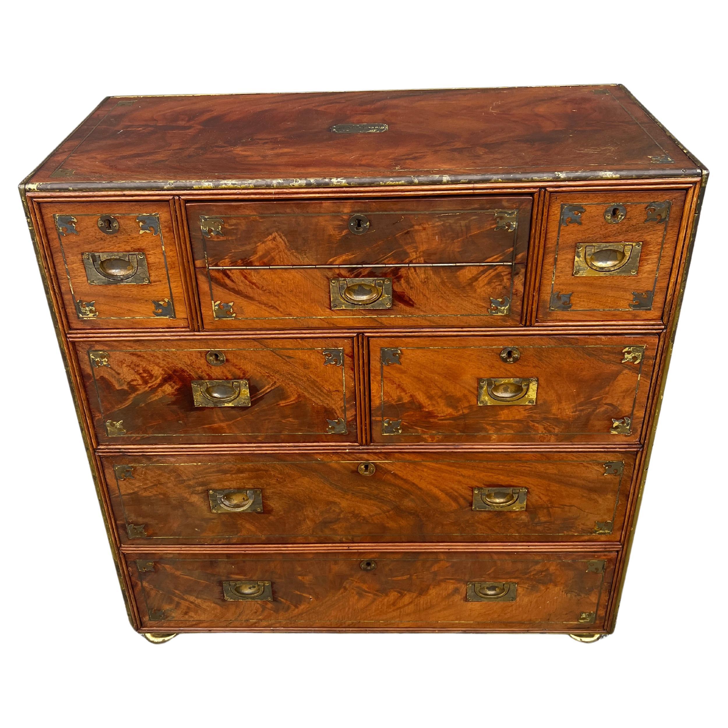 Anglo Raj Regency Campaign Chest with Desk Trimmed in Brass Banding Accents 1811 For Sale