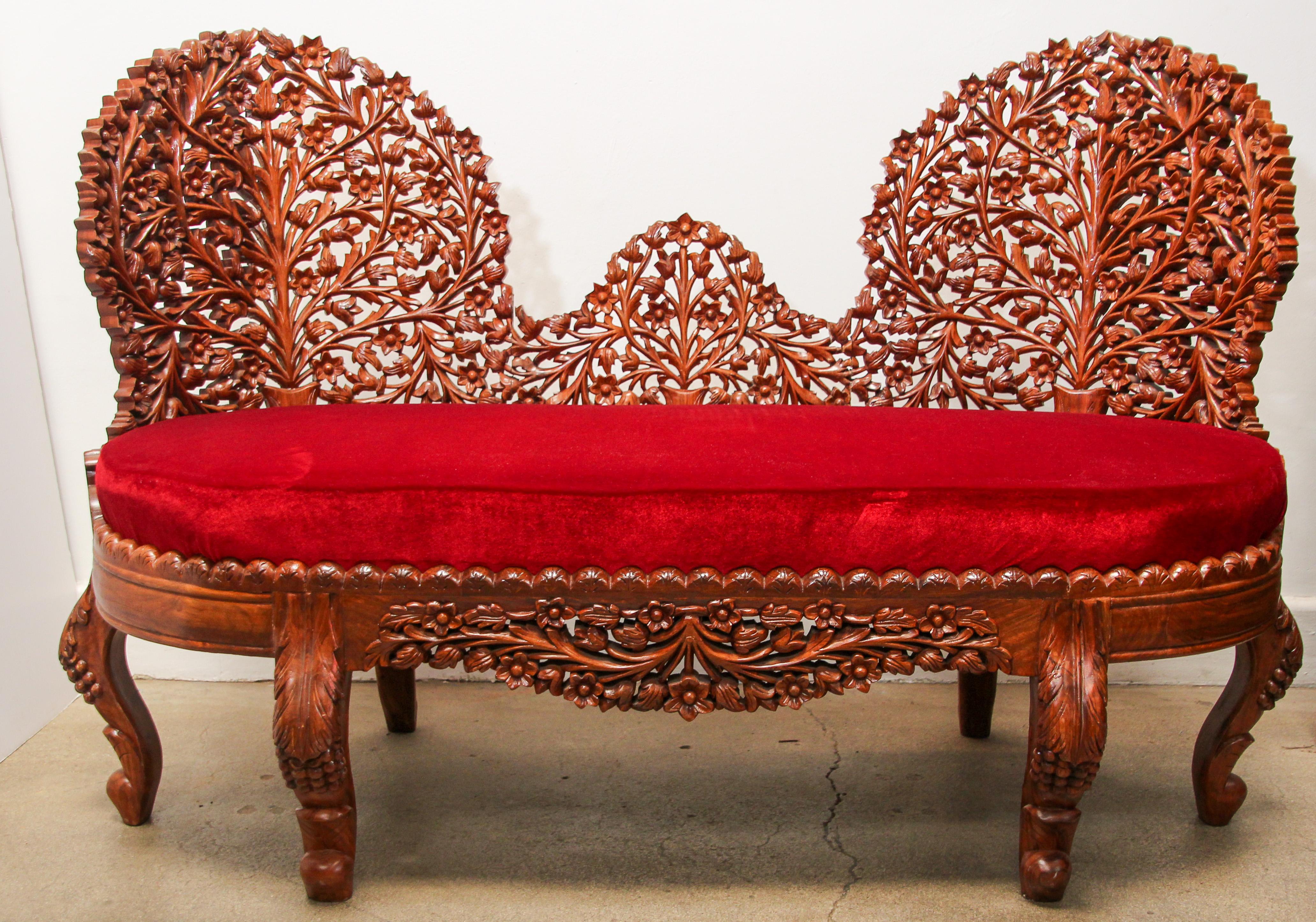 Anglo-Raj Settee with Open Back Hand Carved Tree of Life Back For Sale 2