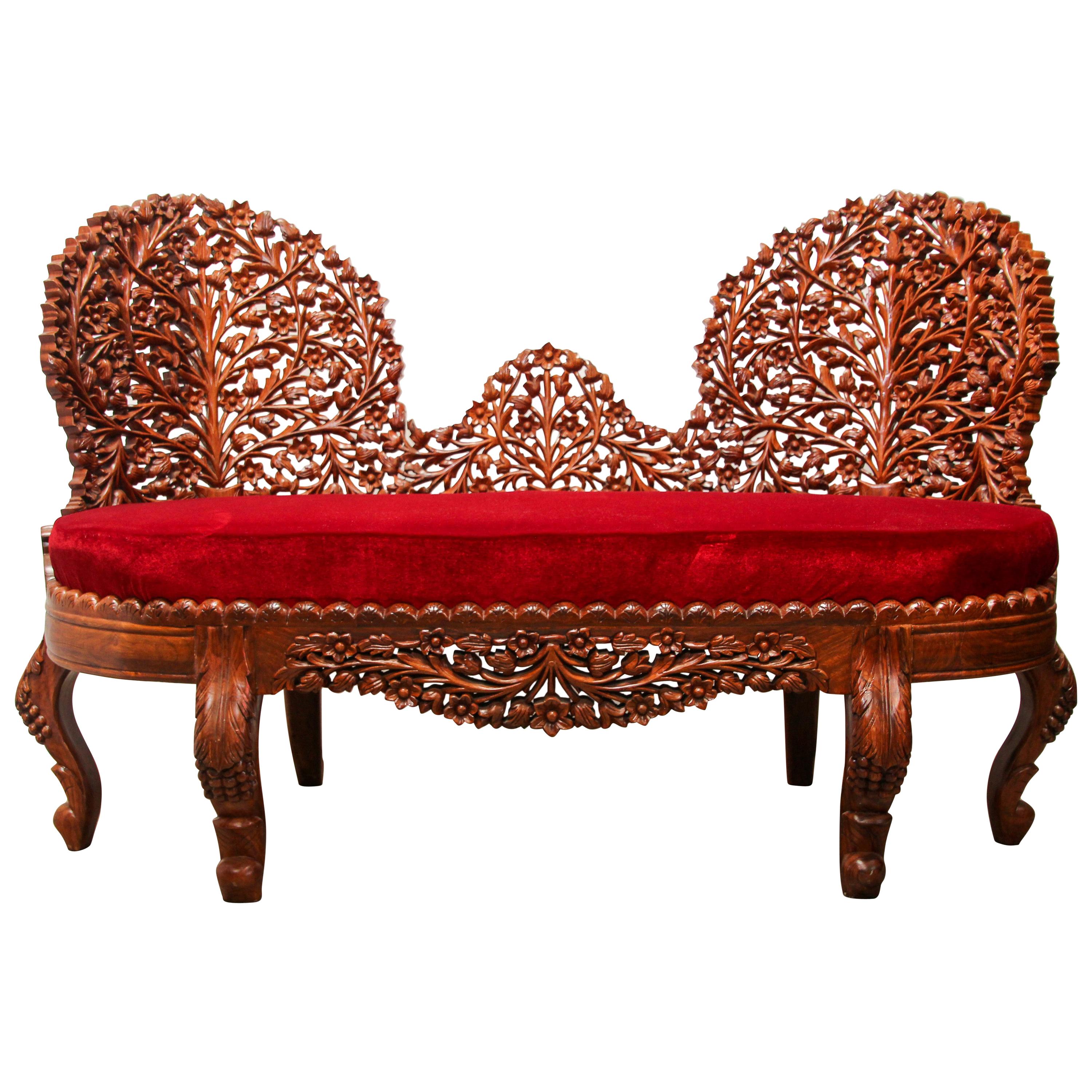 Anglo-Raj Settee with Open Back Hand Carved Tree of Life Back For Sale
