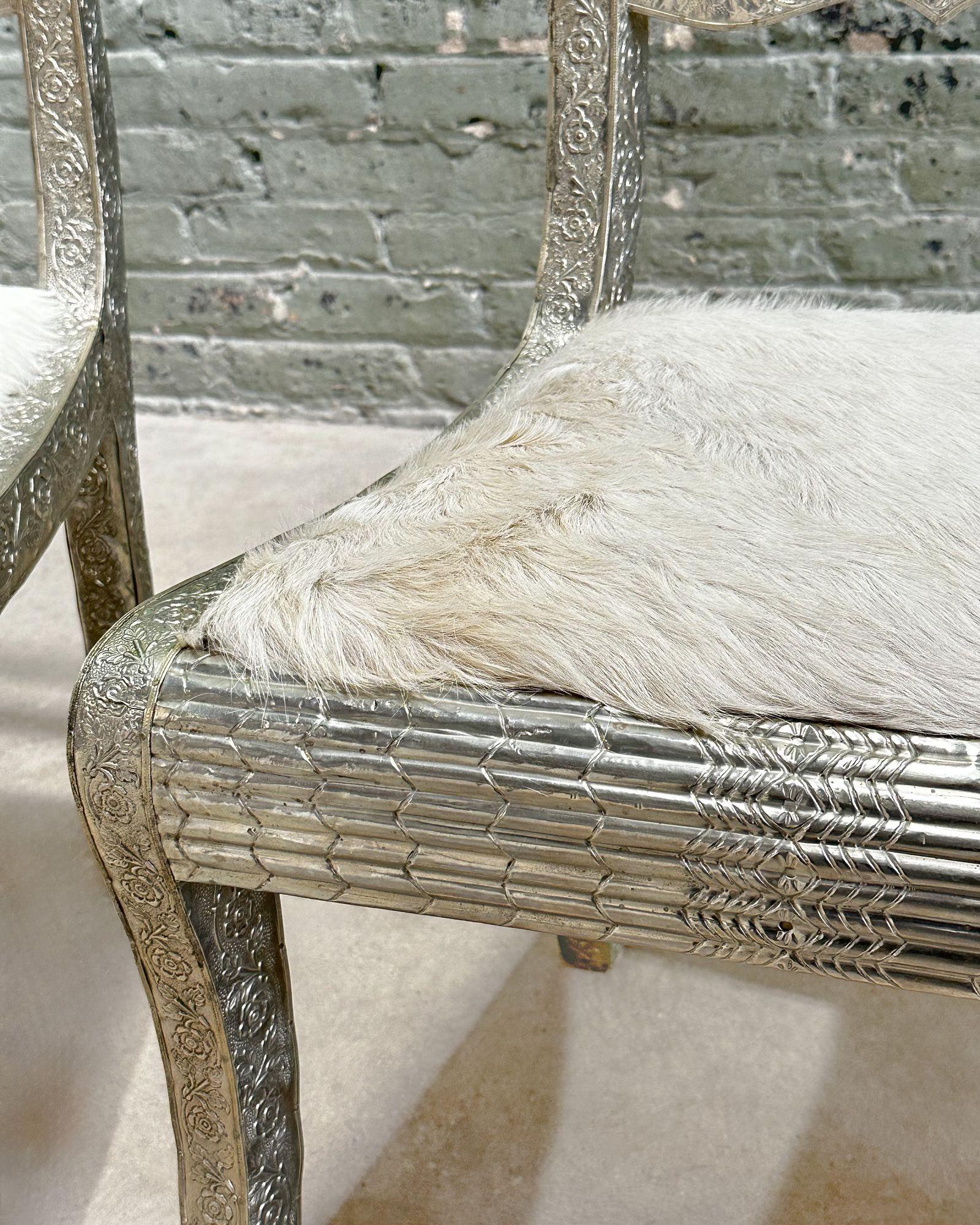 Anglo Raj Style-Indian Hammered Silver Wrap Dining Chairs w/Hair on Hide, 1950 For Sale 4