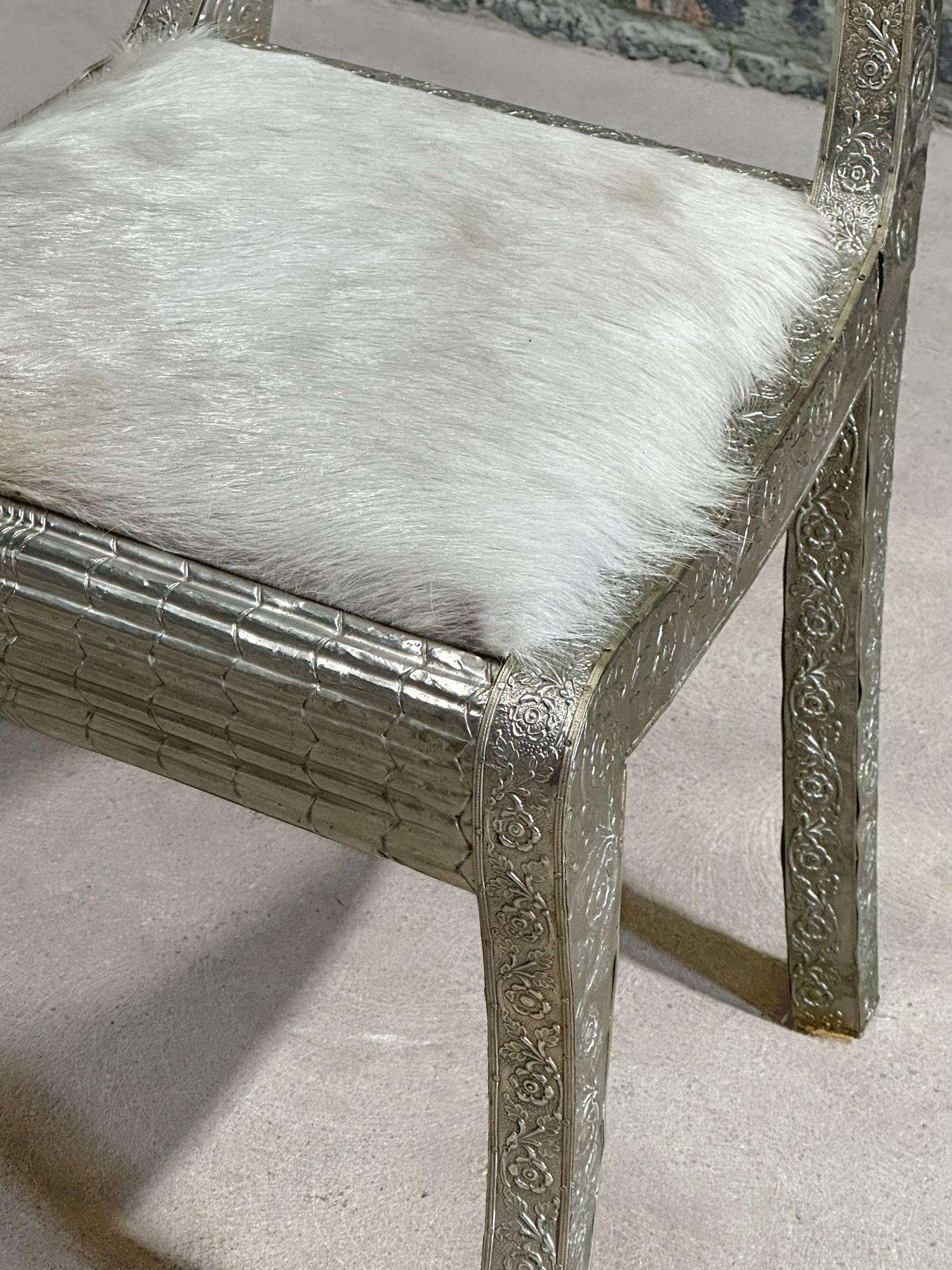 Anglo Raj Style-Indian Hammered Silver Wrap Dining Chairs w/Hair on Hide, 1950 For Sale 5