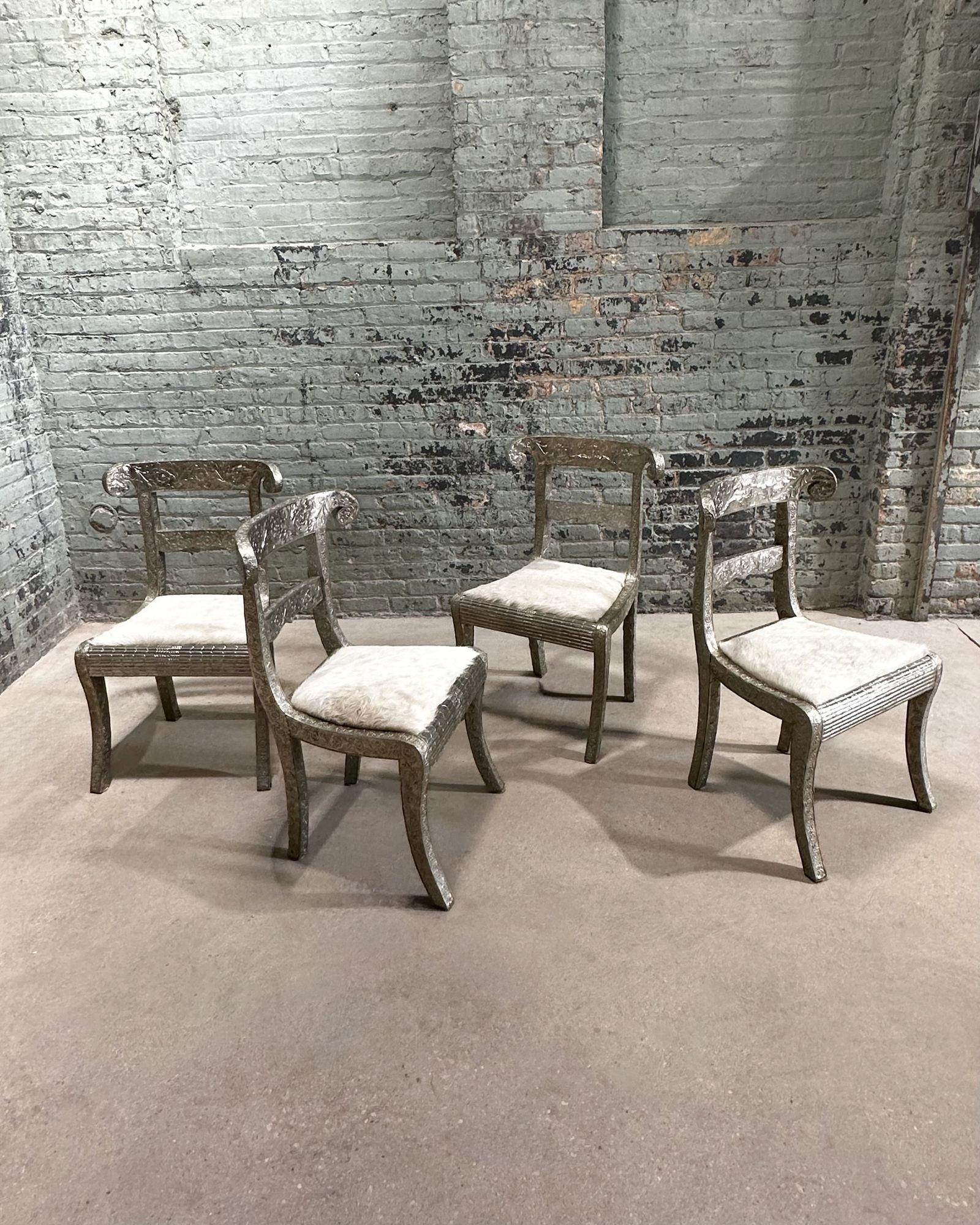 Mid-Century Modern Anglo Raj Style-Indian Hammered Silver Wrap Dining Chairs w/Hair on Hide, 1950 For Sale