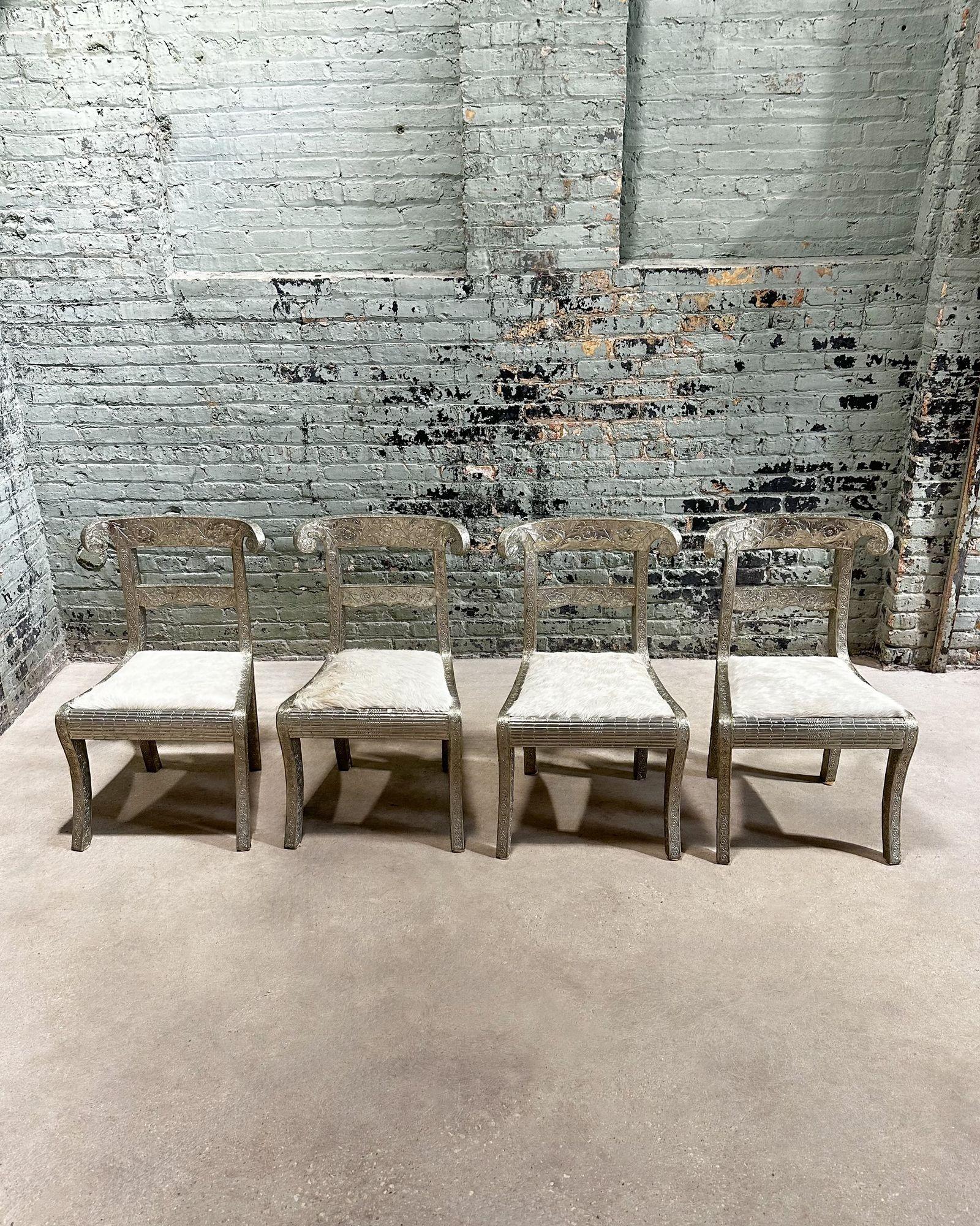 Anglo Raj Style-Indian Hammered Silver Wrap Dining Chairs w/Hair on Hide, 1950 In Good Condition For Sale In Chicago, IL