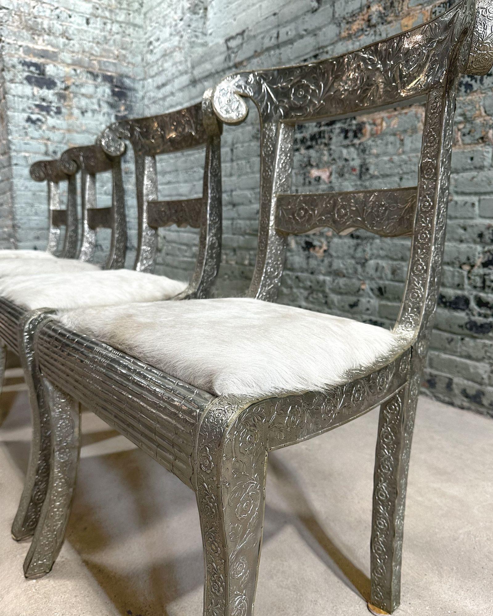 Mid-20th Century Anglo Raj Style-Indian Hammered Silver Wrap Dining Chairs w/Hair on Hide, 1950 For Sale