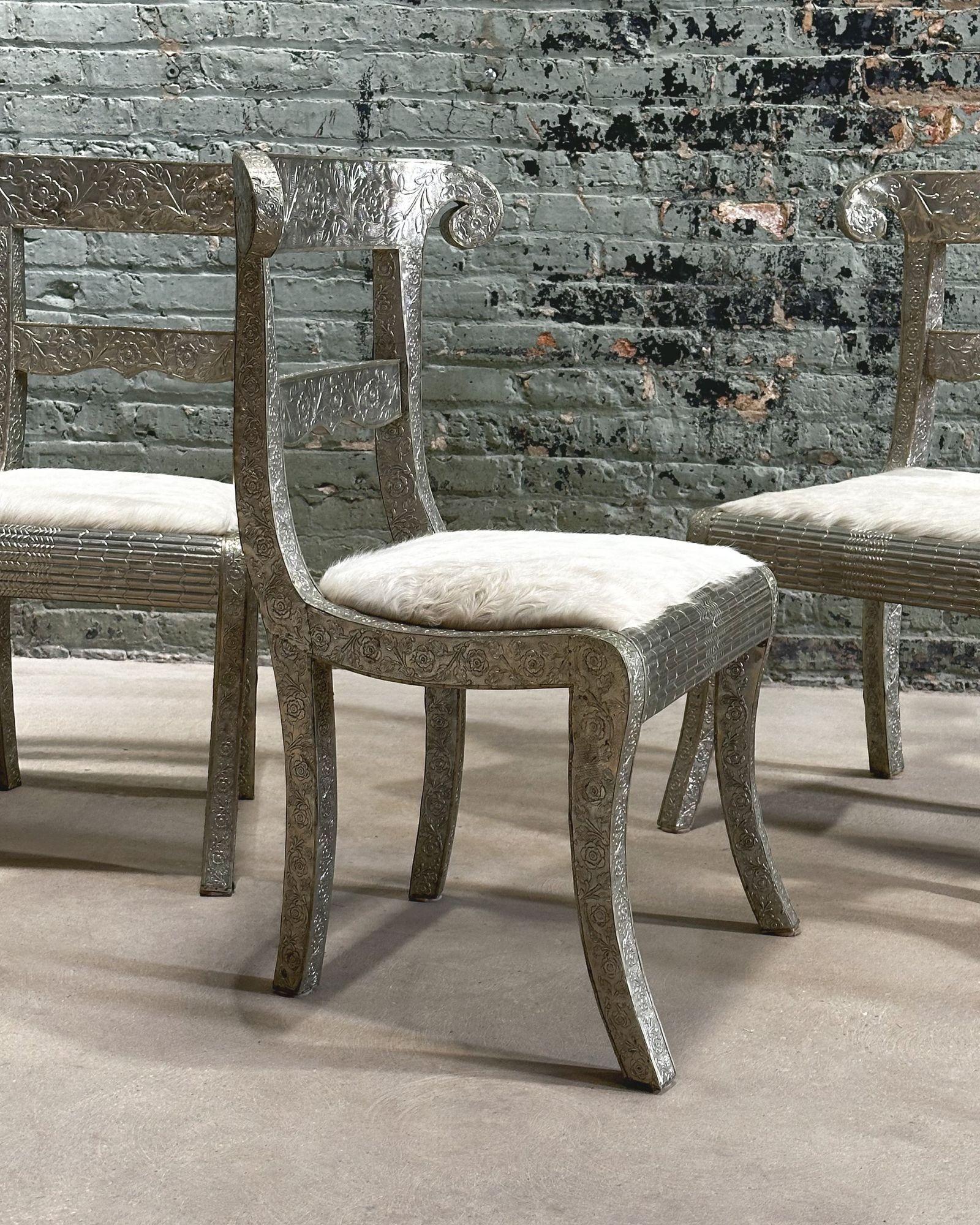 Silver Leaf Anglo Raj Style-Indian Hammered Silver Wrap Dining Chairs w/Hair on Hide, 1950 For Sale