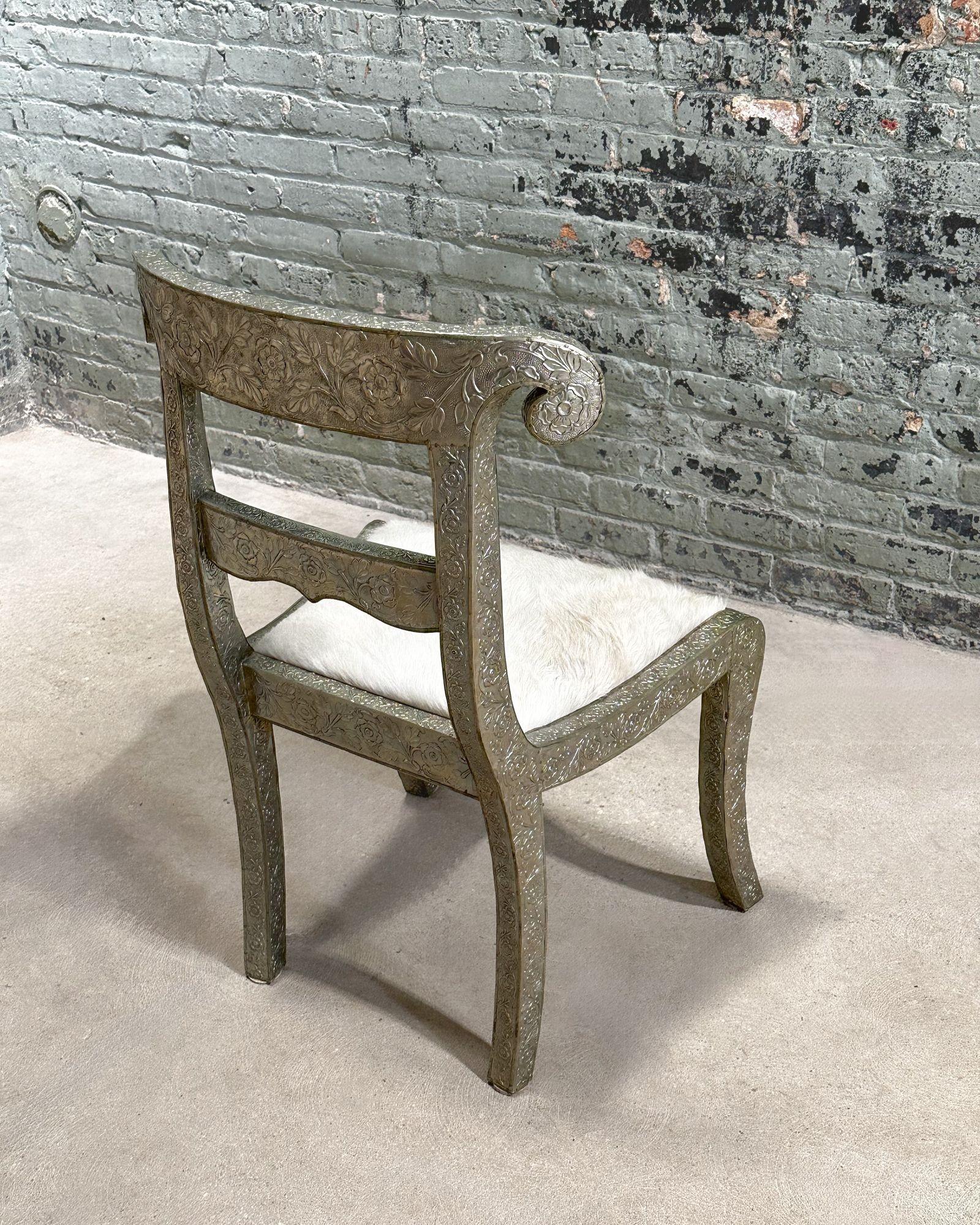 Anglo Raj Style-Indian Hammered Silver Wrap Dining Chairs w/Hair on Hide, 1950 For Sale 3