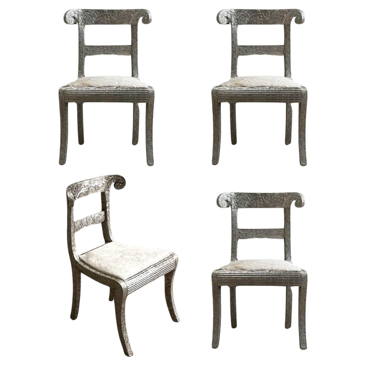 Anglo Raj Style-Indian Hammered Silver Wrap Dining Chairs w/Hair on Hide, 1950 For Sale
