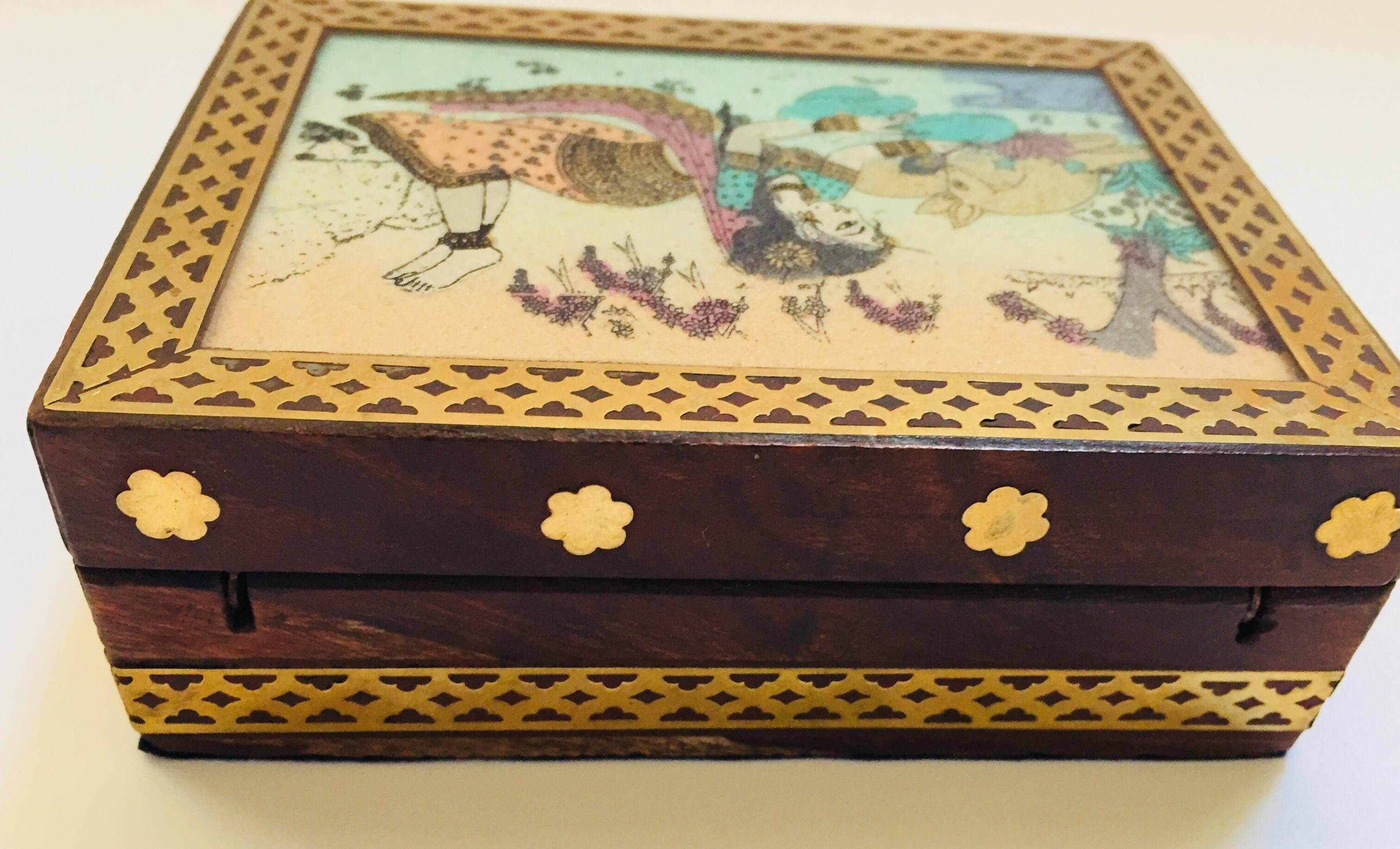 Anglo Raj Anglo-Raj Wood and Brass Box with Hand-Painted Scene
