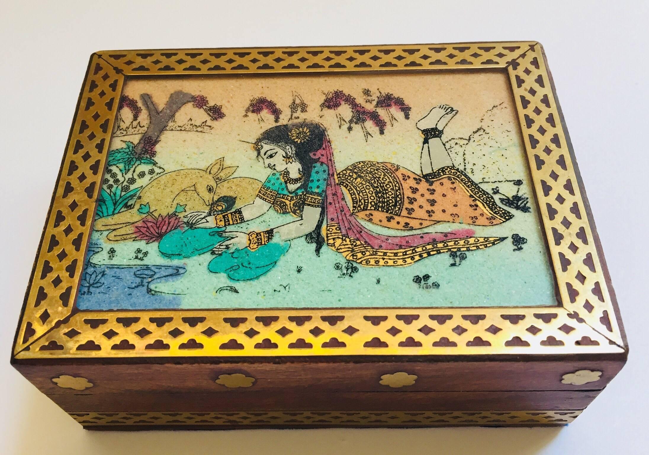 20th Century Anglo-Raj Wood and Brass Box with Hand-Painted Scene