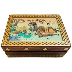 Retro Anglo-Raj Wood and Brass Box with Hand-Painted Scene