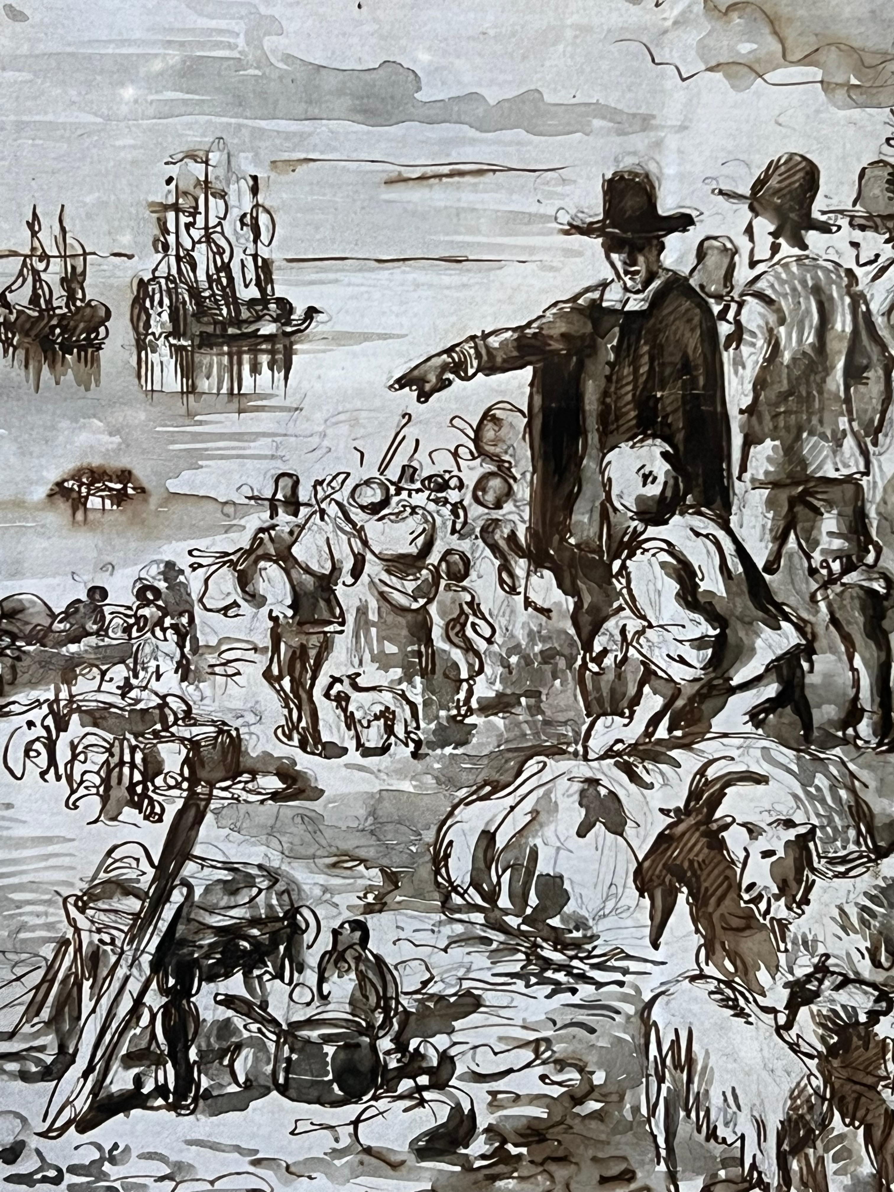 Los Padres Peregrinos Plymouth Rock Dibujo a Pluma y Tinta Figuras y Animales Costa - Art de Anglo/American