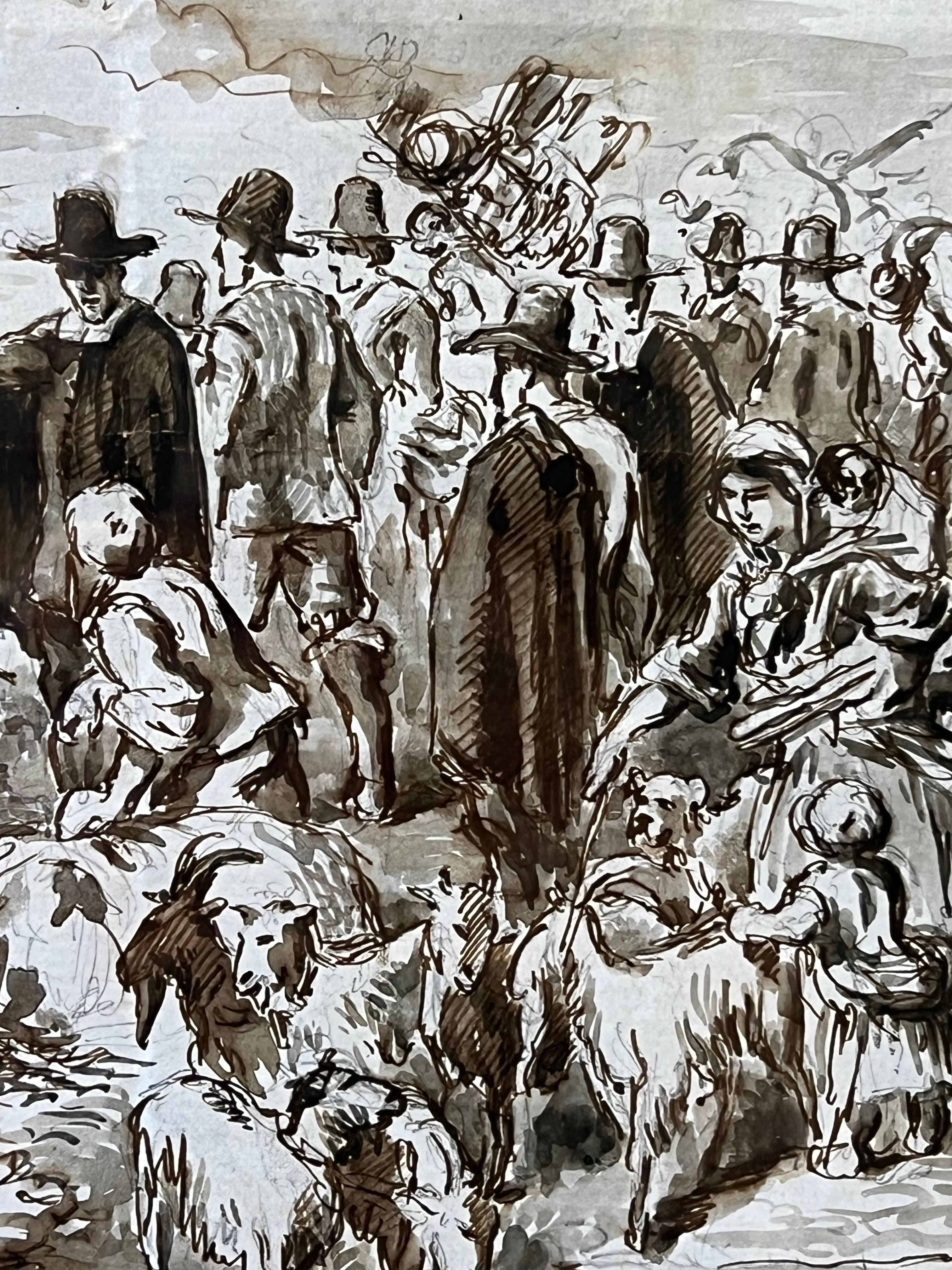 Los Padres Peregrinos Plymouth Rock Dibujo a Pluma y Tinta Figuras y Animales Costa - Art Escuela inglesa de Anglo/American
