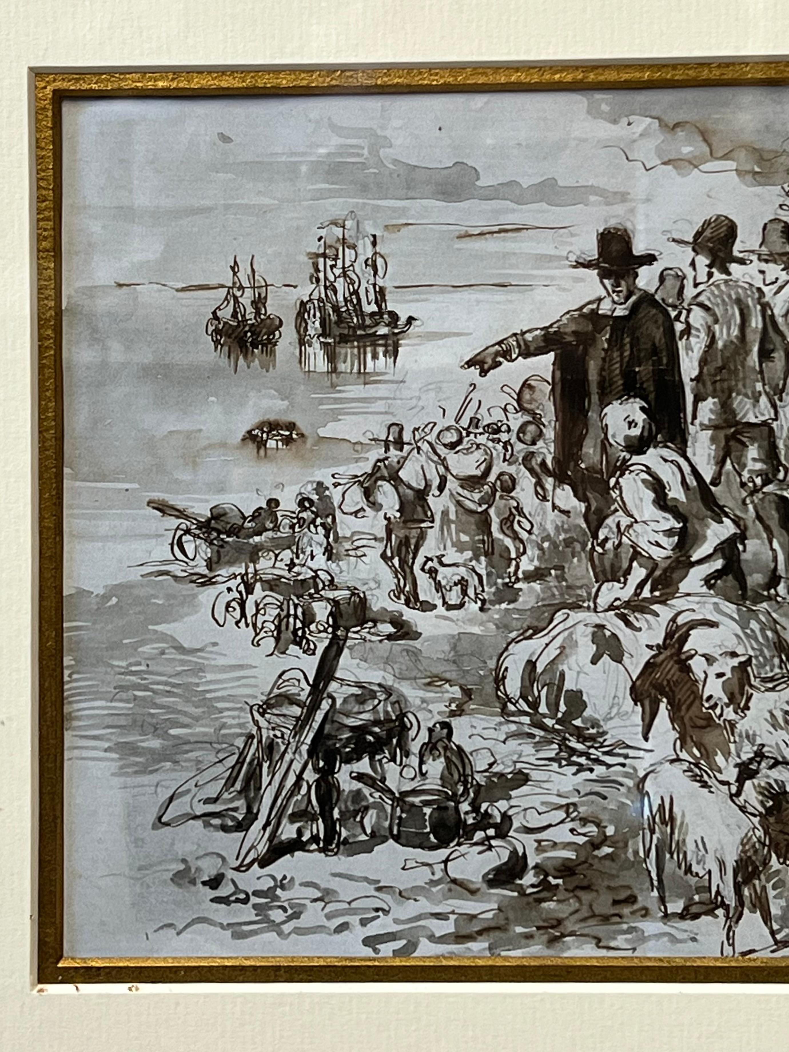 Los Padres Peregrinos Plymouth Rock Dibujo a Pluma y Tinta Figuras y Animales Costa - Figurative Art Beige de Anglo/American