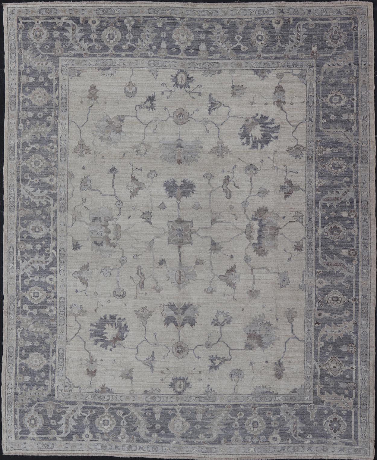 Angora All-Over Design Oushak Turkish Rug in Shades of Gray, Ivory, Silver