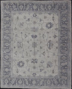 Angora All-Over Design Oushak Turkish Rug in Shades of Gray, Ivory, Silver
