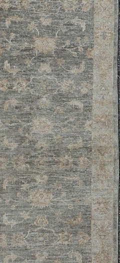 Angora Oushak Long Turkish Runner in Grey Green Background & Light Green Border