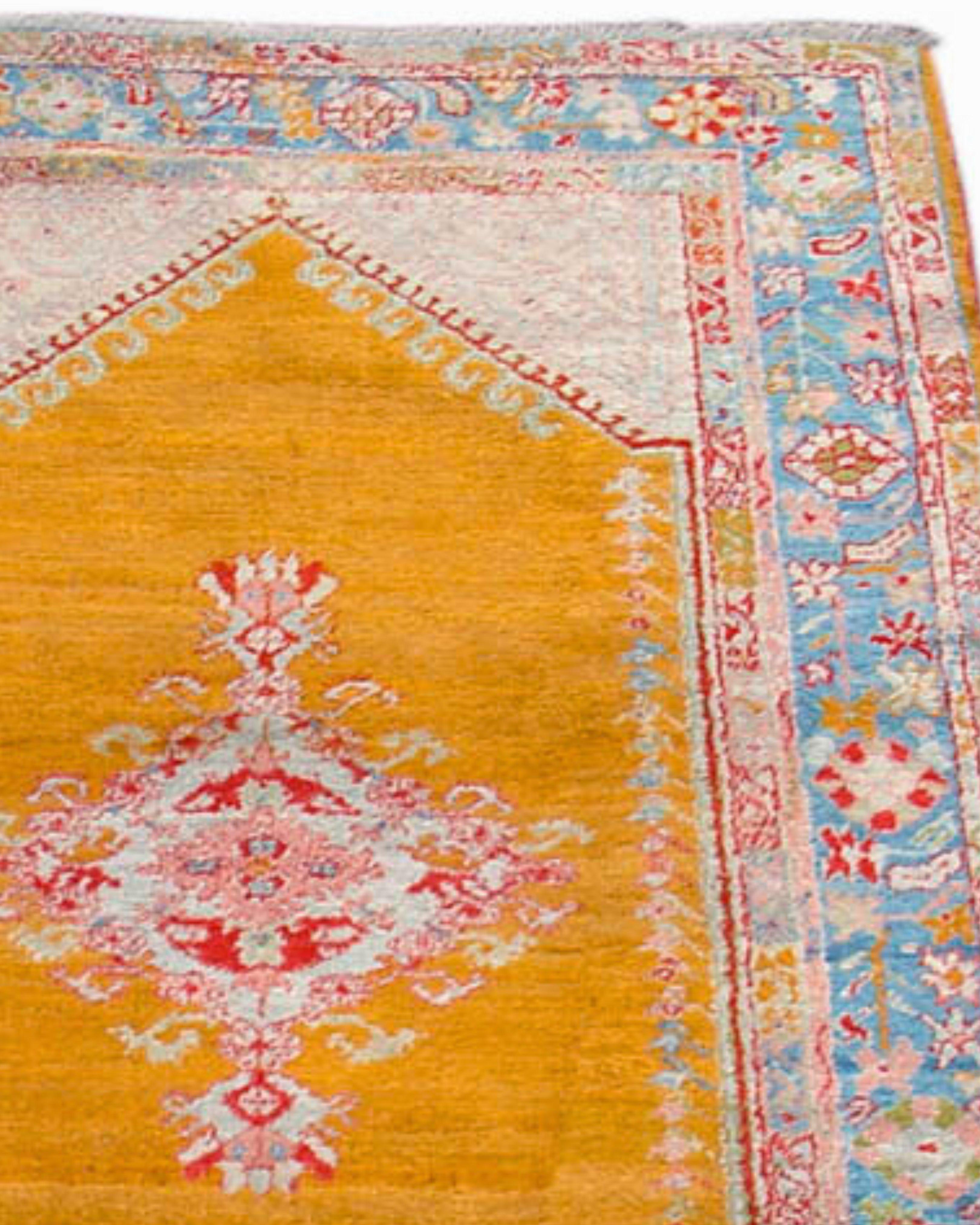 Hand-Woven Antique Angora Oushak Rug with Saffron Yellow Field, Late 19th Century For Sale