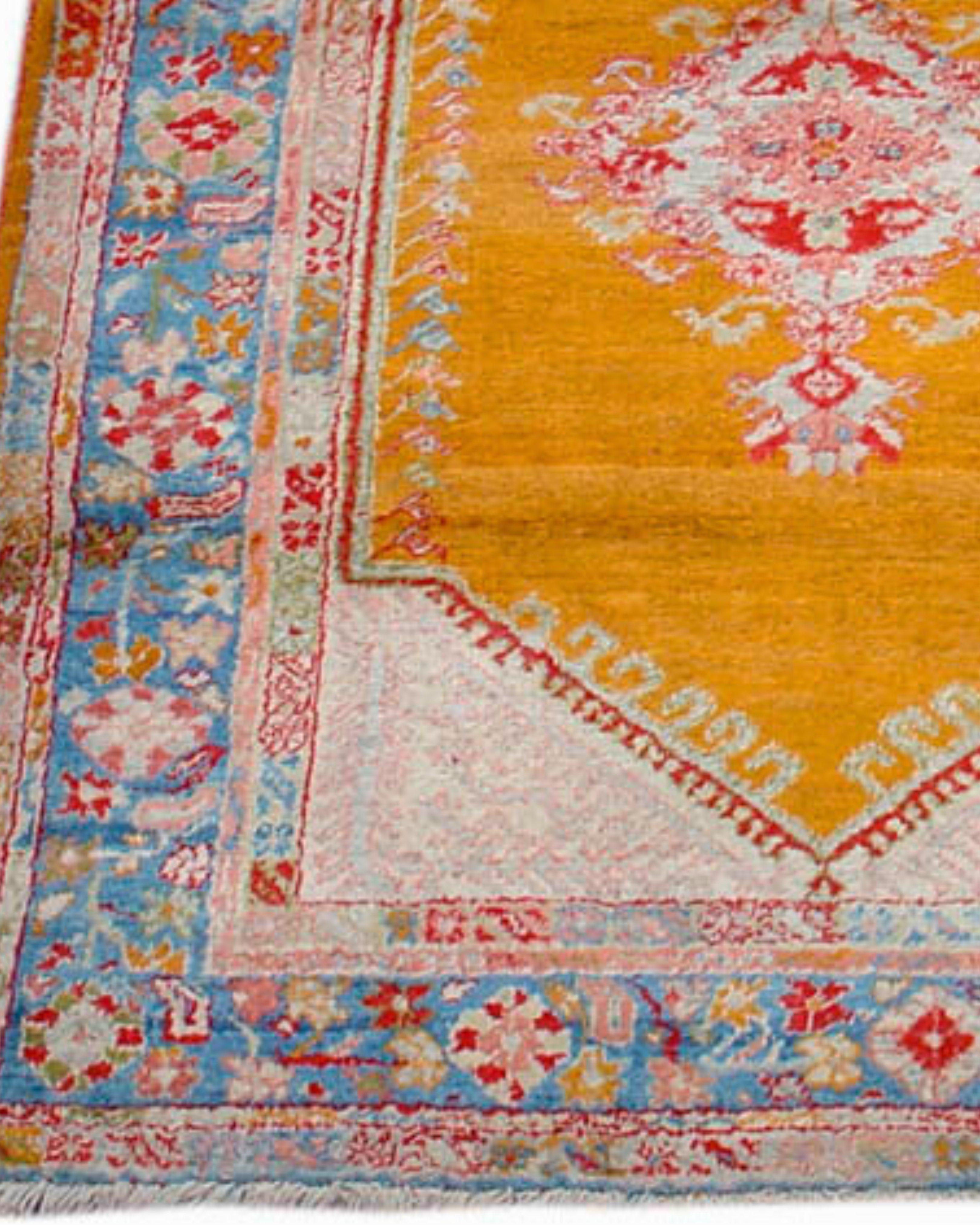 Wool Antique Angora Oushak Rug with Saffron Yellow Field, Late 19th Century For Sale