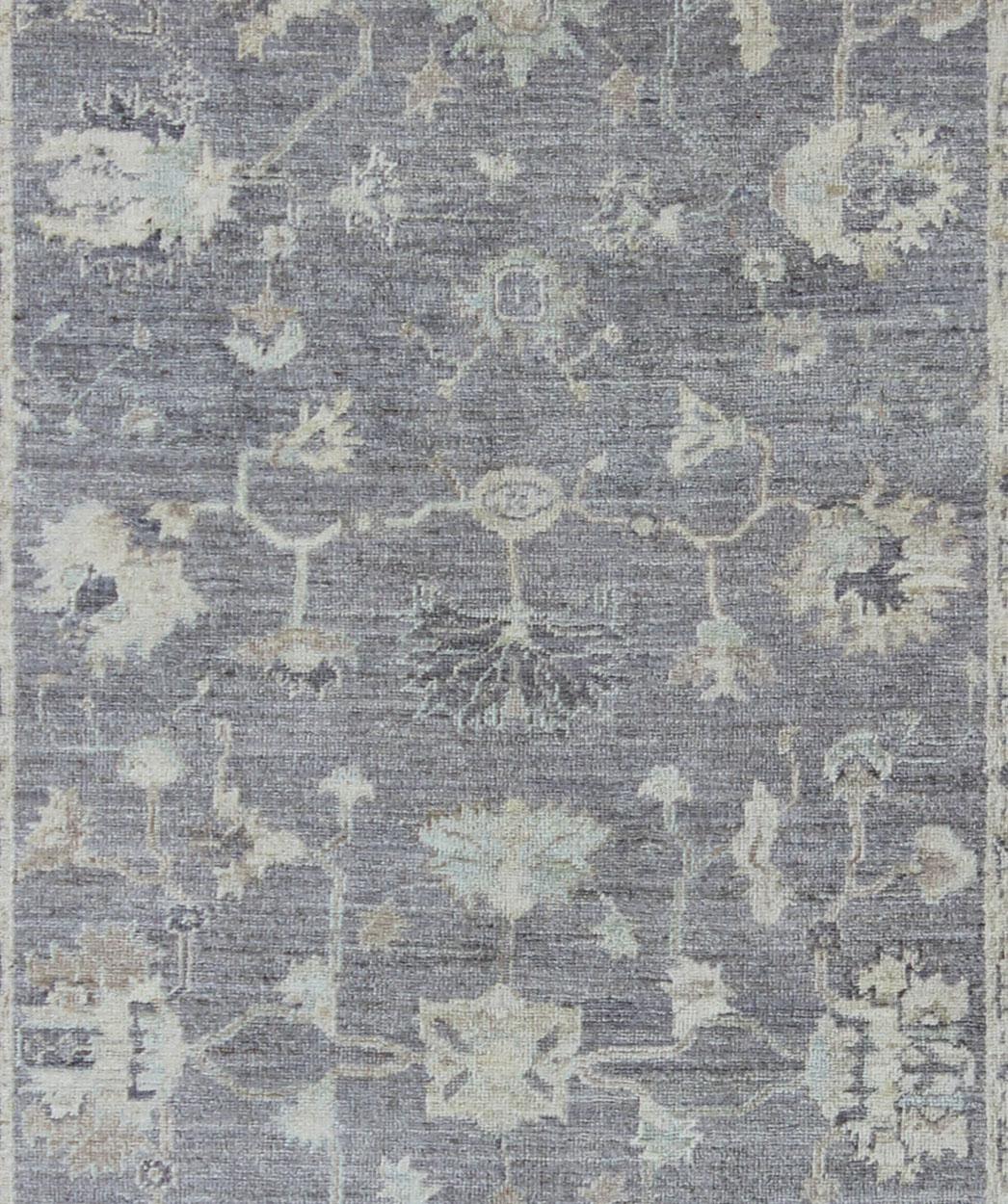 Hand-Knotted Angora Oushak Turkish Gallery Rug in Shades of Gray, Ivory, Silver For Sale