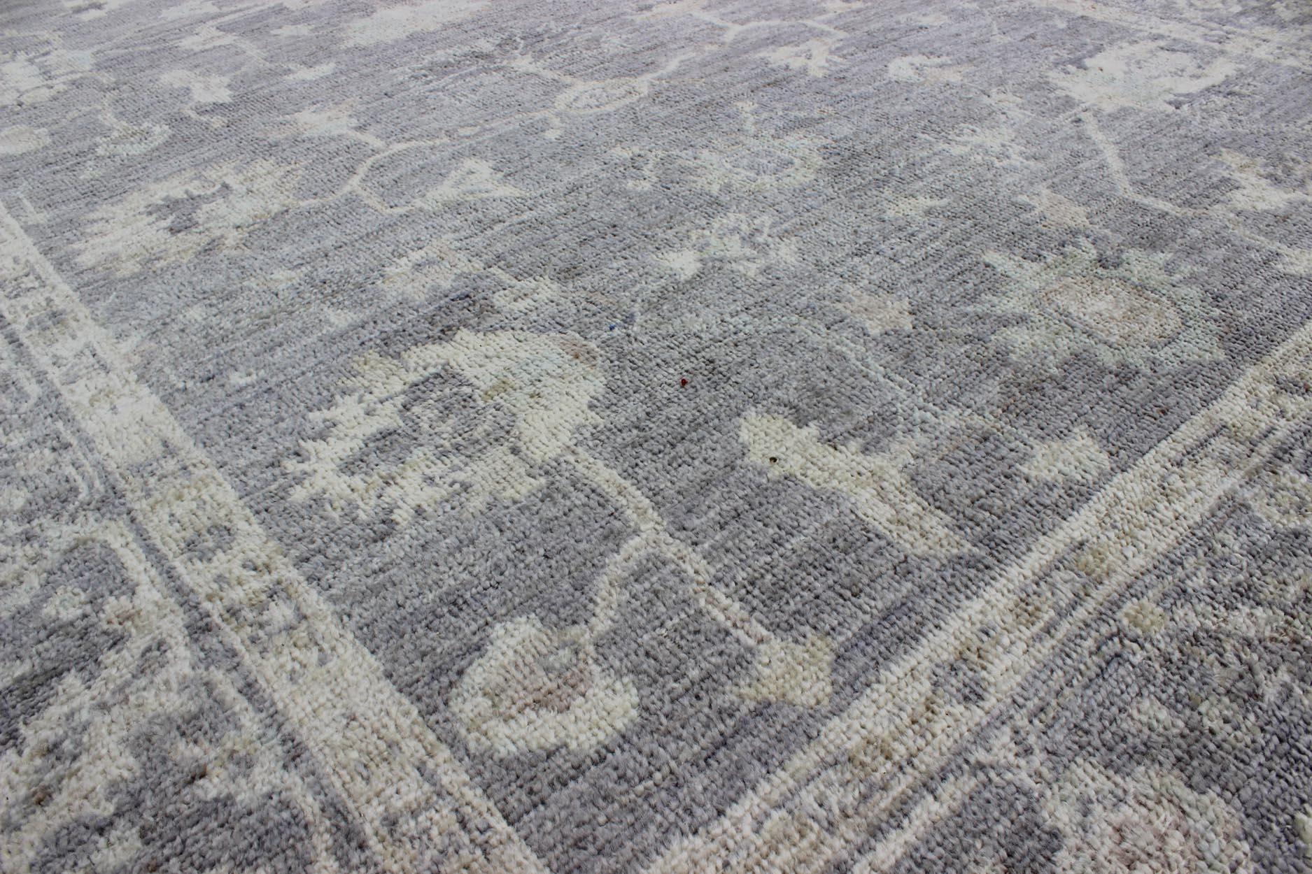 Angora Oushak Turkish Gallery Rug in Shades of Gray, Ivory, Silver In Excellent Condition For Sale In Atlanta, GA