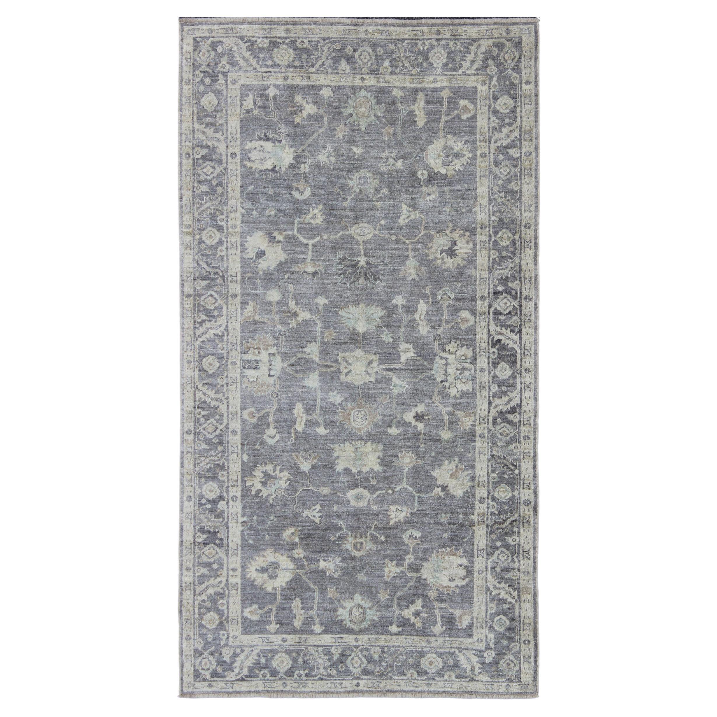 Angora Oushak Turkish Gallery Rug in Shades of Gray, Ivory, Silver For Sale