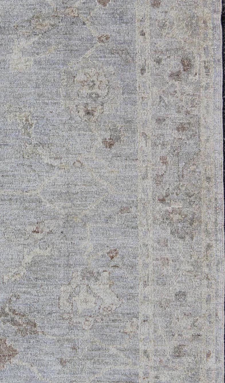 Persian Angora Oushak Turkish Gallery Rug in Shades of Light Blue, Silver and Taupe For Sale