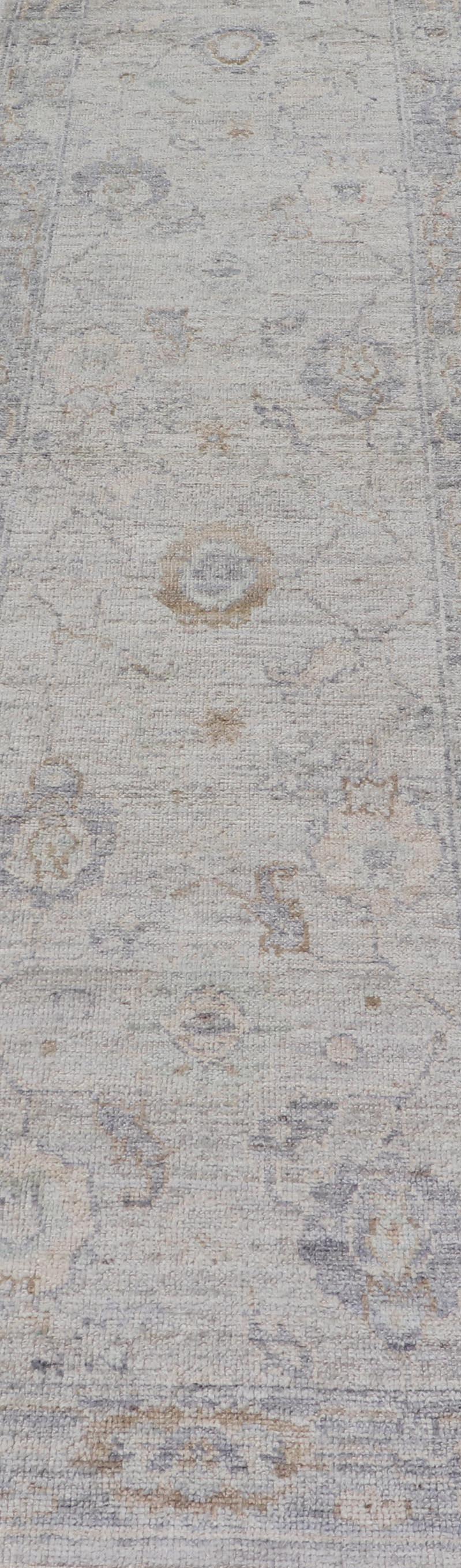 Contemporary Angora Oushak Turkish Rug in Cream, Silver, Gray, and Shades of Light Grey