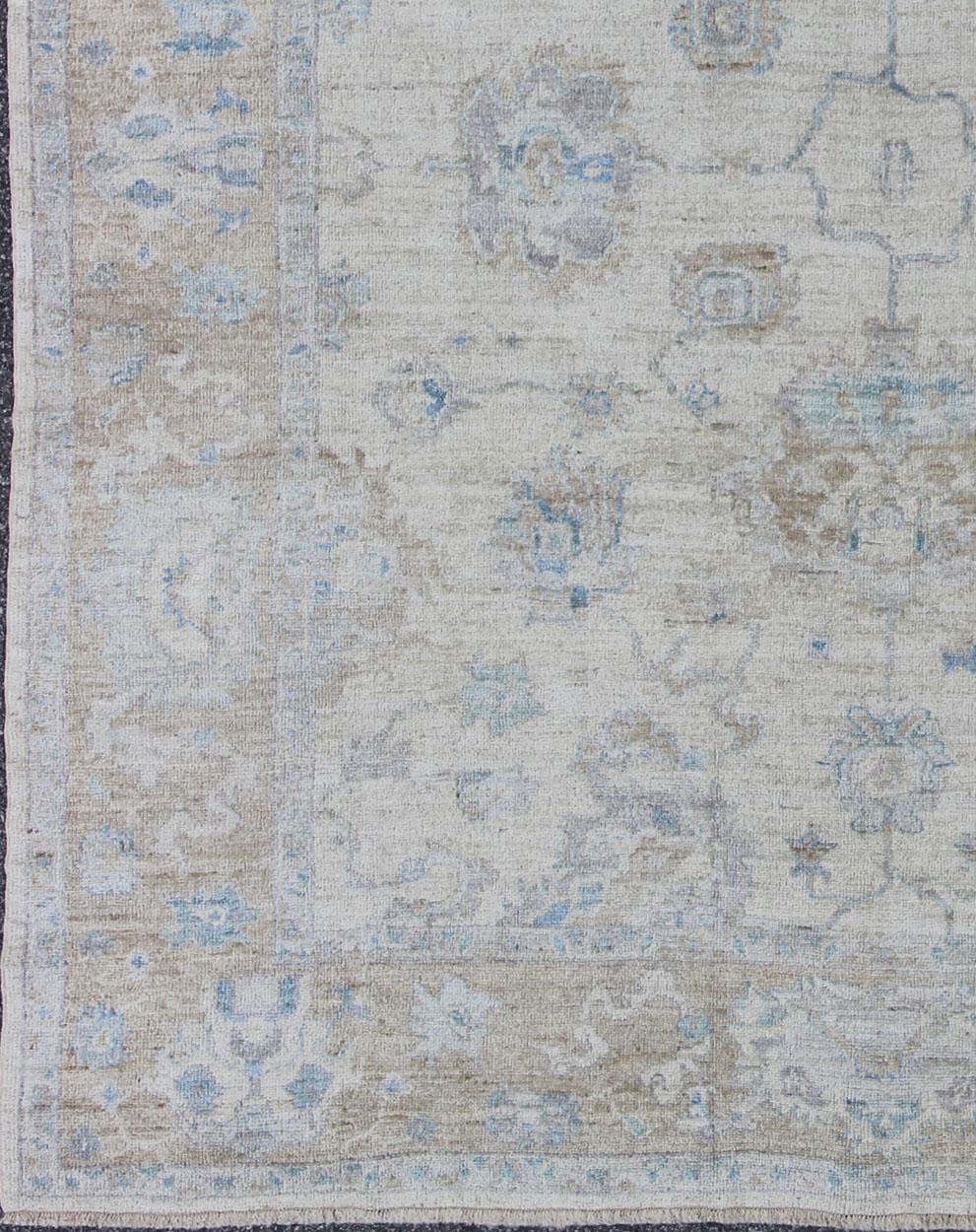 Hand-Knotted Angora Oushak Turkish Rug in Cream, Taupe, Silver, Light Brown Light Blue Colors For Sale