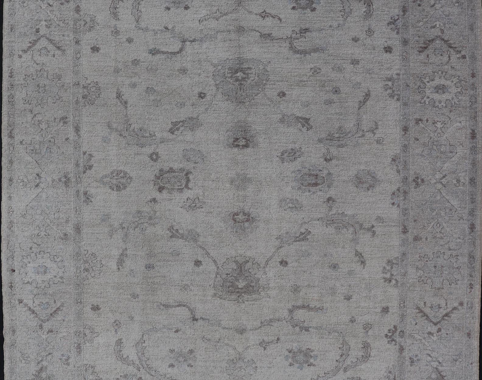 Hand-Knotted Angora Oushak Turkish Rug in Cream, Taupe, Silver, Light Brown Light Blue Colors For Sale