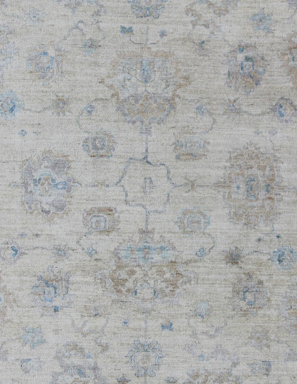 Angora Oushak Turkish Rug in Cream, Taupe, Silver, Light Brown Light Blue Colors In New Condition For Sale In Atlanta, GA