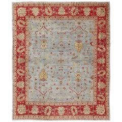 Grand tapis turc Oushak d'Angora en rouge framboise et bleu clair